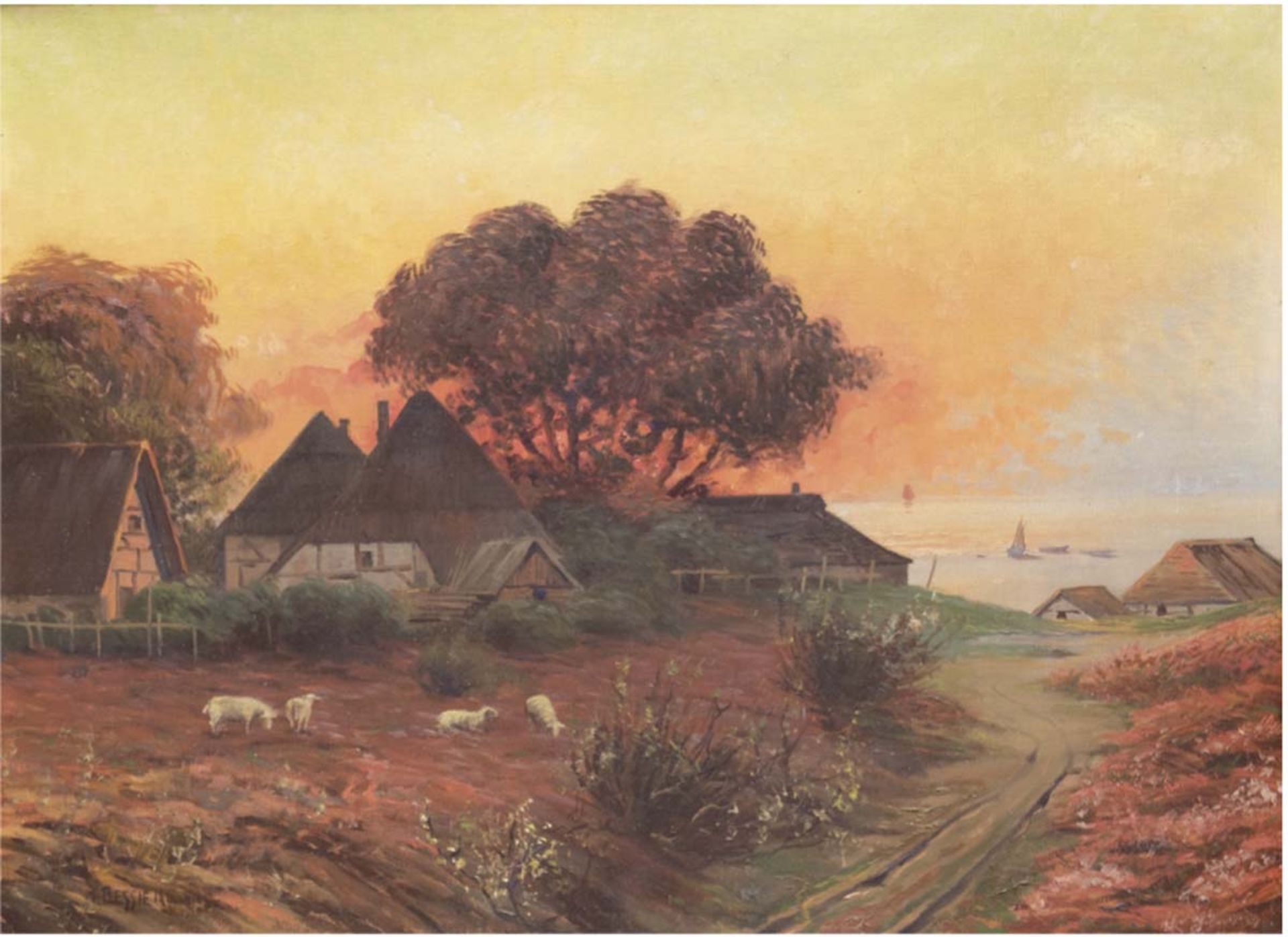 Bessiere, R. (um 1900) "Bauerngehöfte an der Küste im Abendrot", Öl/Lw., signiert u.l.,rücks. mehrer