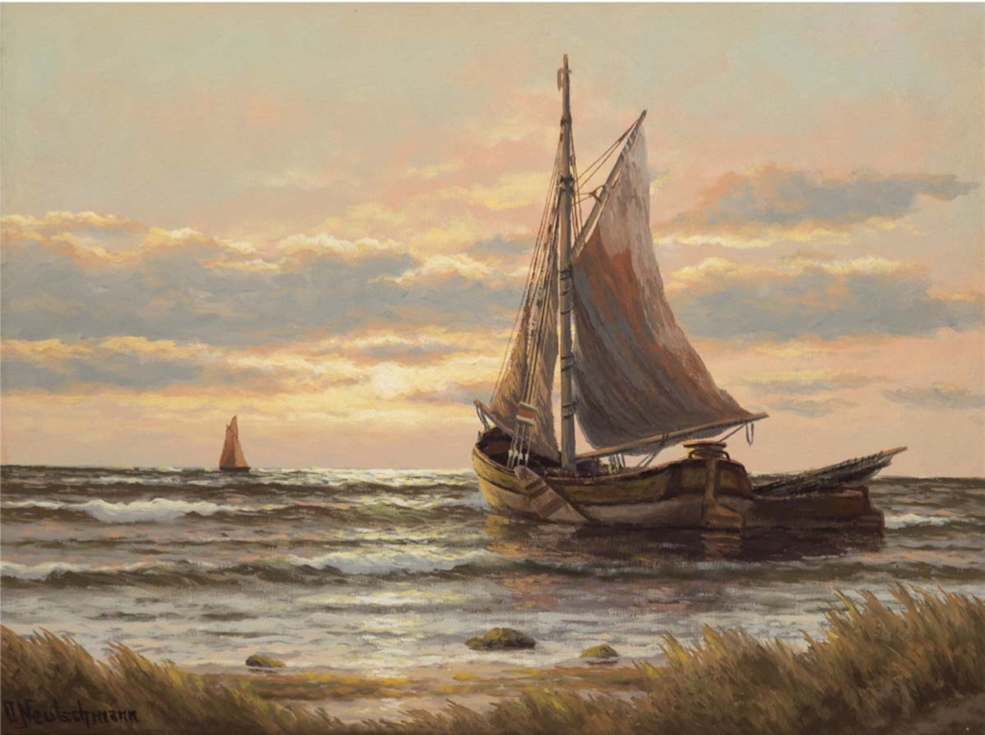 Neutschmann, Otto (1902- 1985) "Fischerboote vor Küste im Licht der aufgehenden Sonne",Öl/Lw.,
