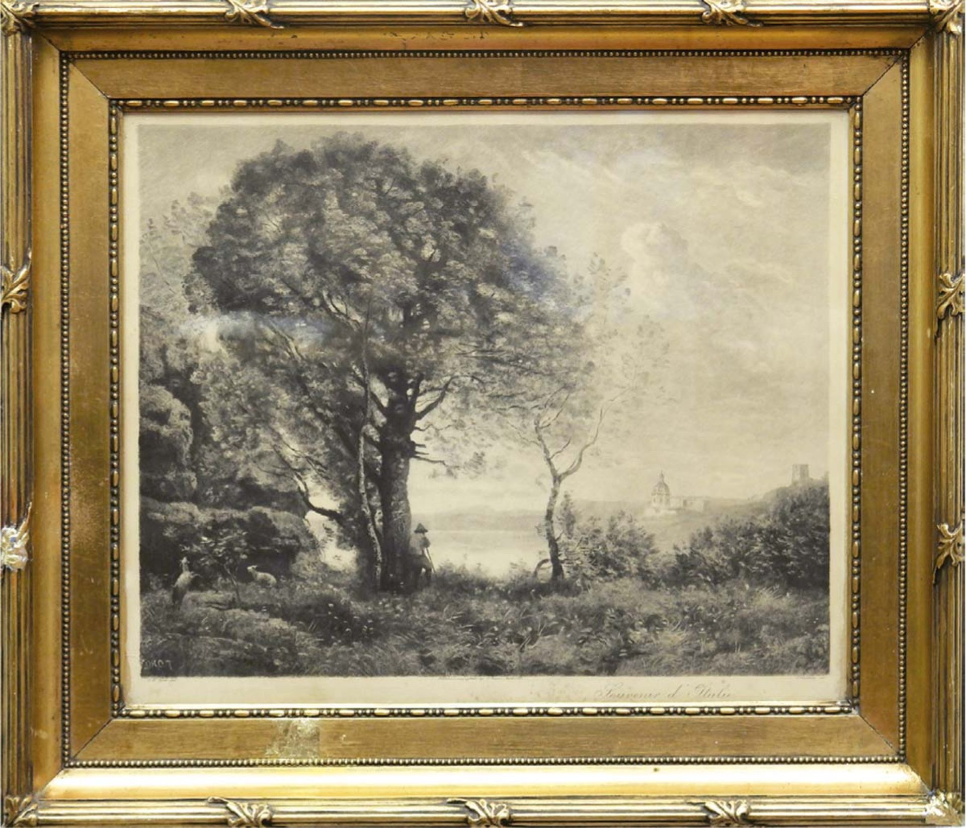 Corot, Jean Babtiste (1796-1875) "Italienische Landschaft", Radierung, 43x55 cm, hinterGlas im