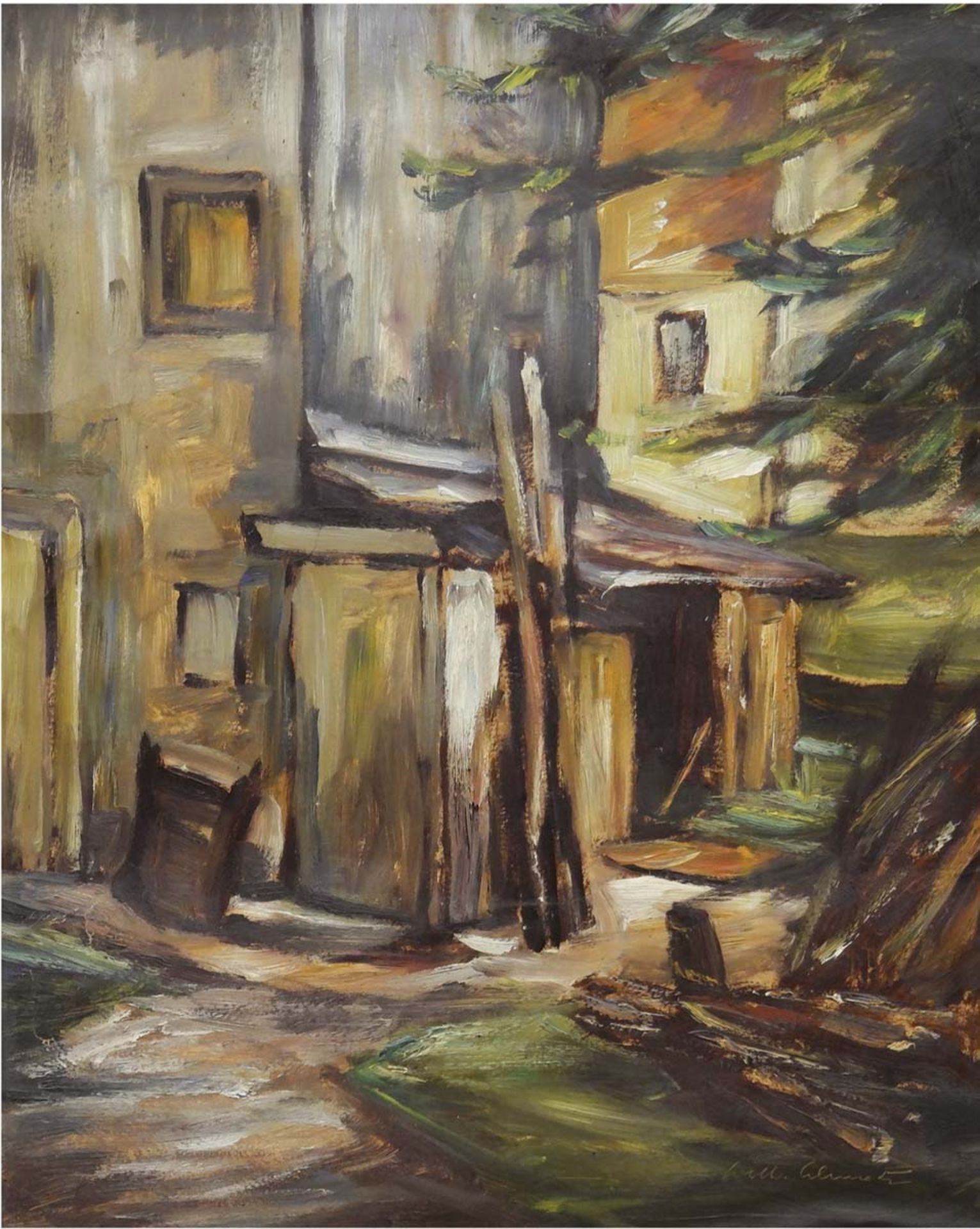 Impressionist des 20. Jh. "Holzscheune", Öl/Papier, undeutl. sign. u.r., 52x39 cm, Rahmen