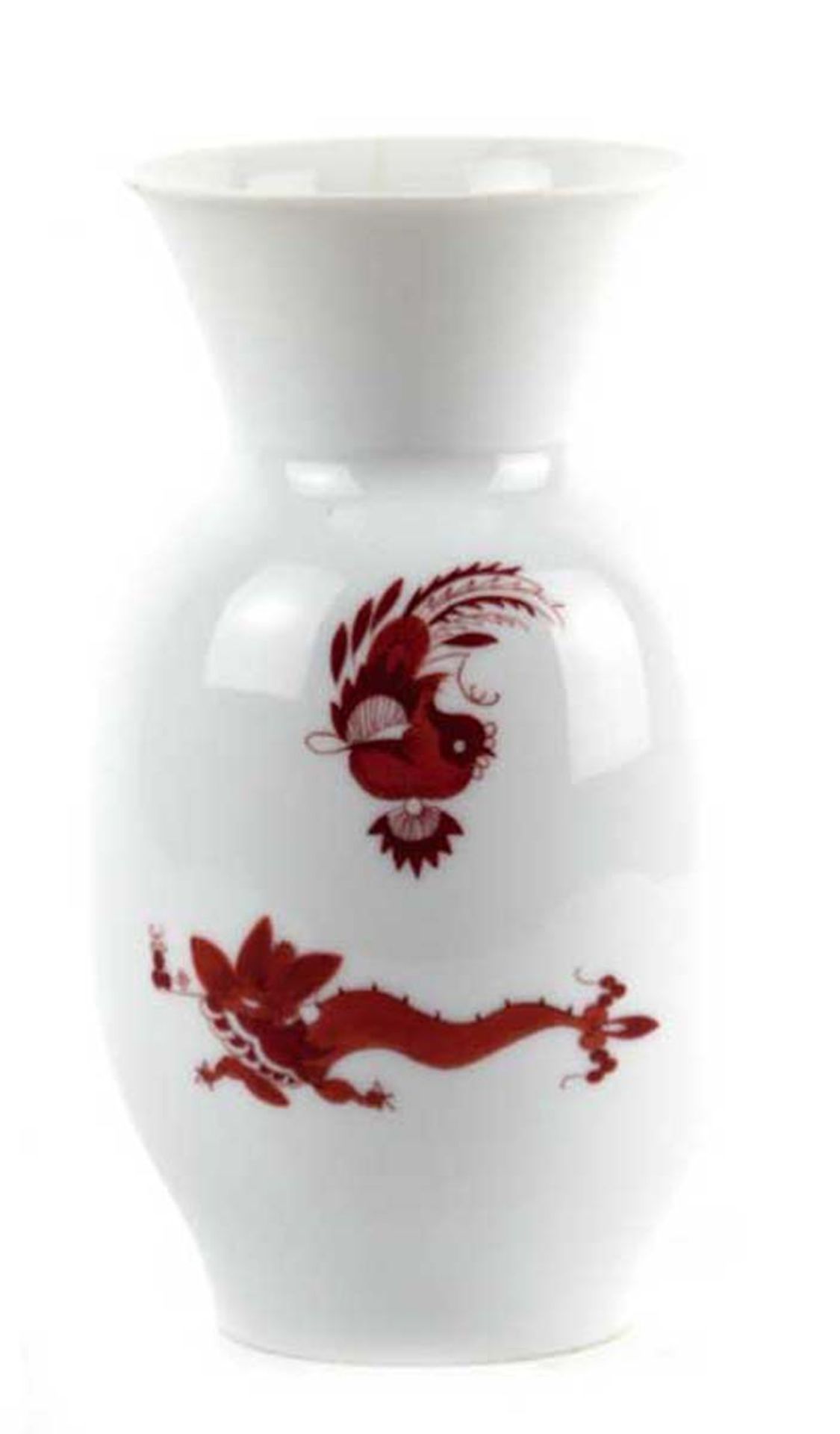 Meissen-Vase, Reicher Drache in Korallenrot, gebauchte Form, 1. Wahl, H. 18 cm