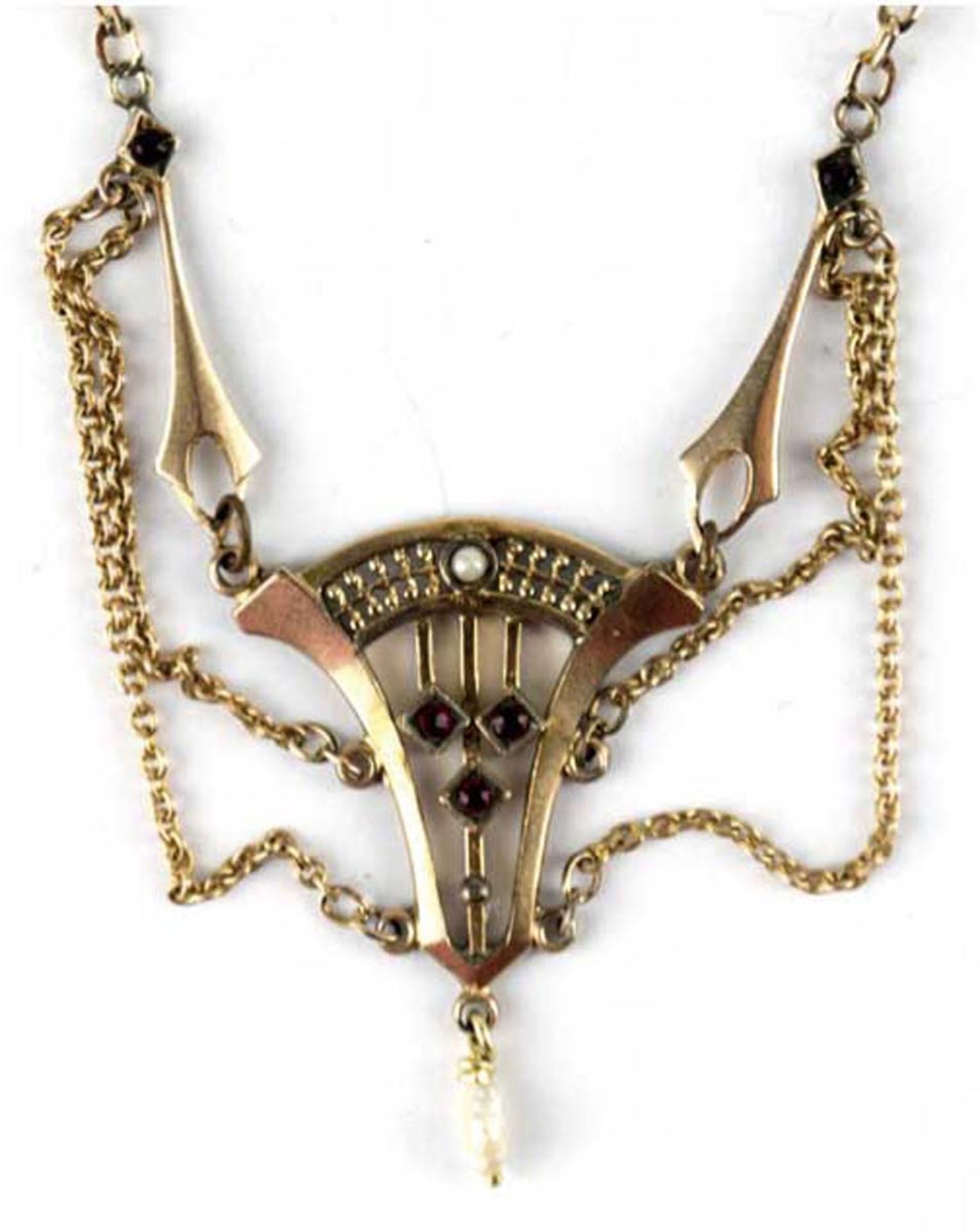 Jugendstil-Collier, Double, gepunzt "Union", Mittelteil mit 4 Kettchen besetzt mit 5 kl.roten