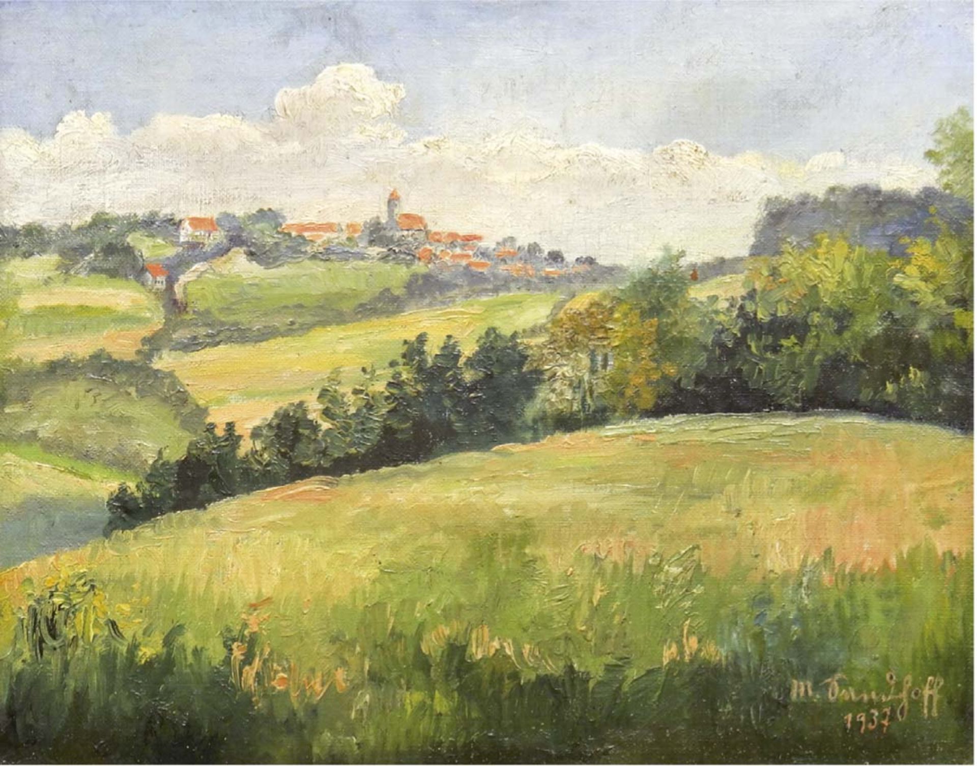 "Weite Landschaft mit Blick auf ein Dorf", Öl/Mp., undeutl. sign. u.r. und dat. 1937,27x34 cm,