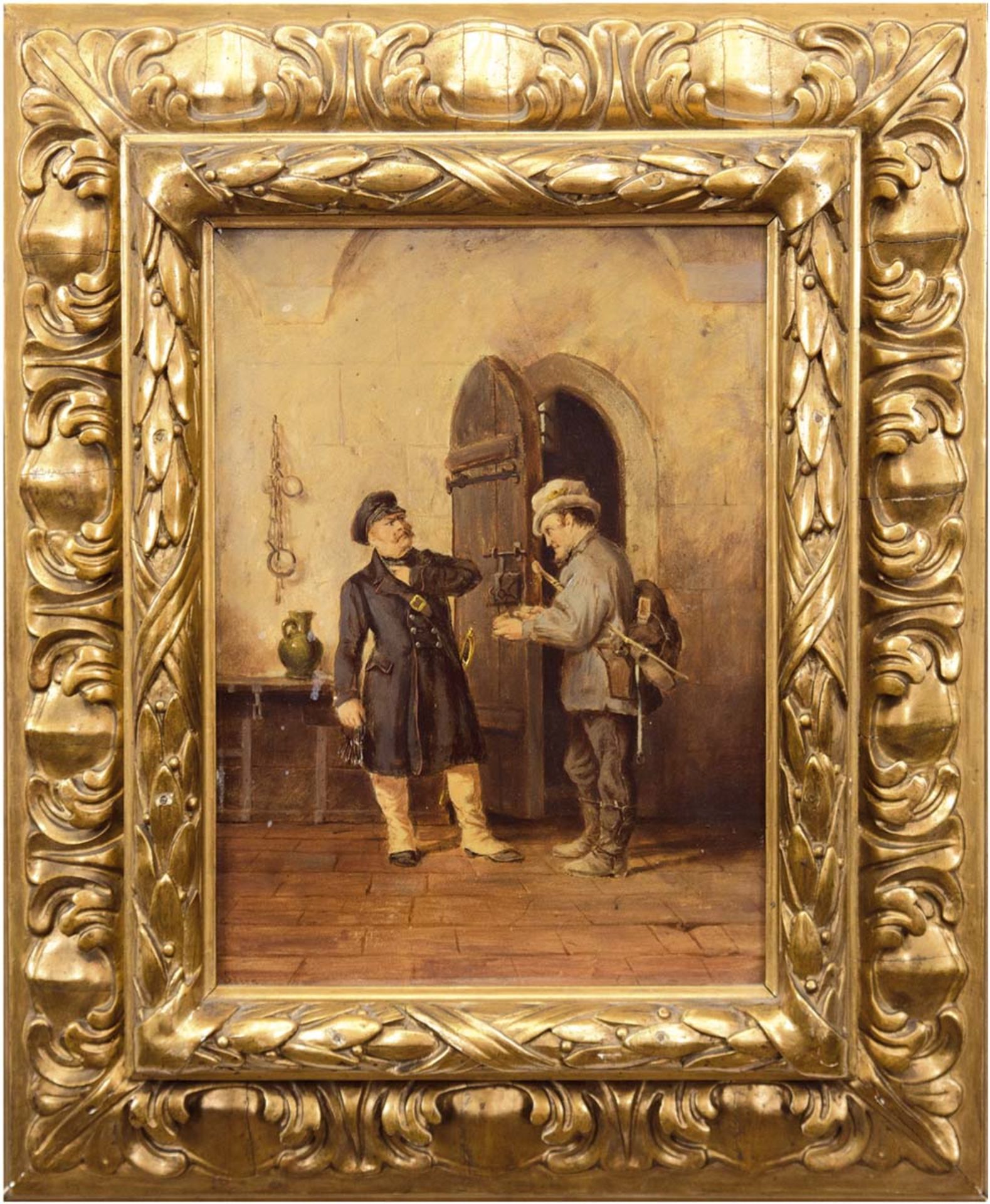 Maler des 19. Jh. "Bittsteller", Öl/Hp., unsign., 28x21 cm, im Prunkrahmen