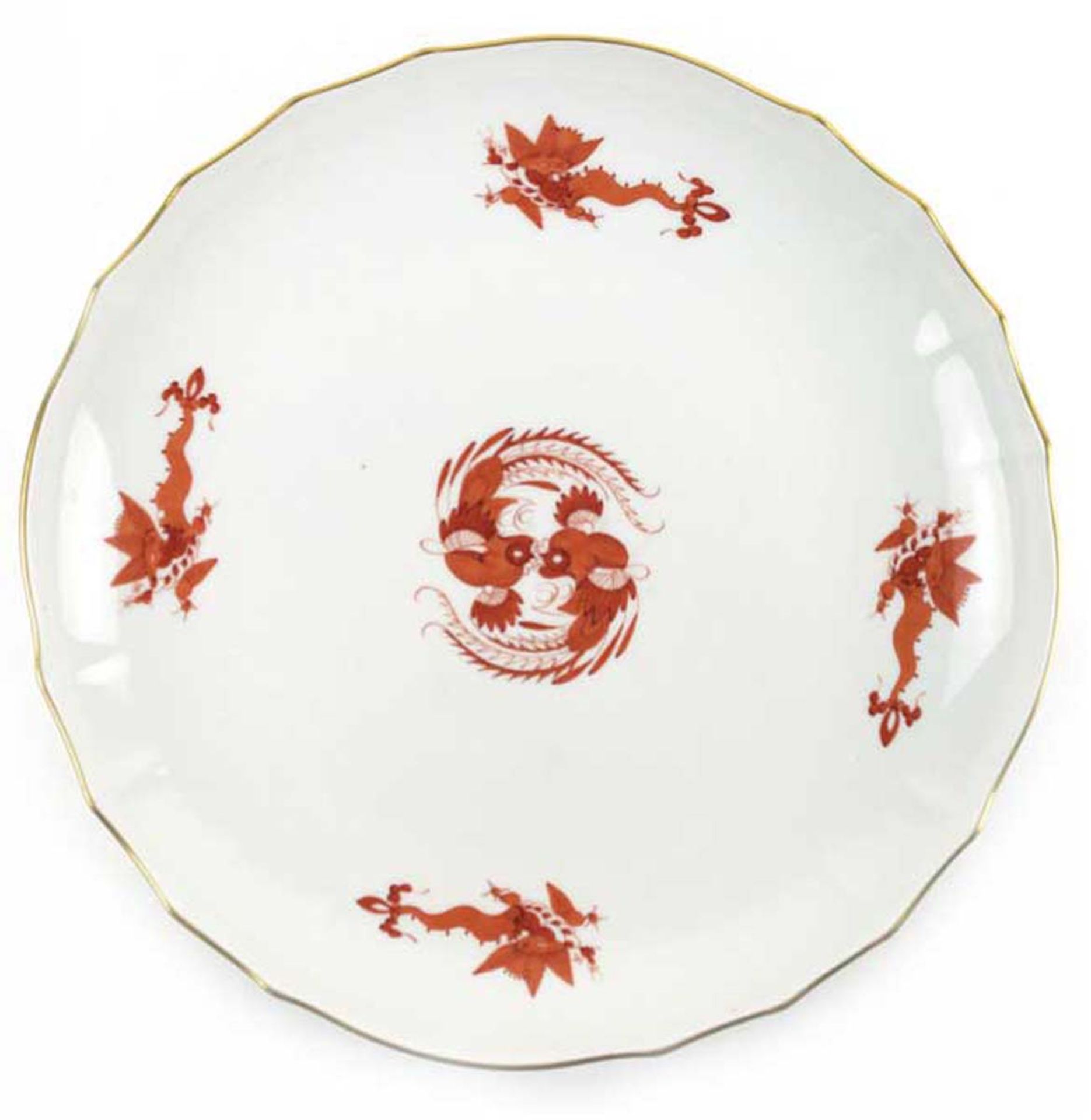 Meissen-Kuchenteller, Reicher Drache, korallenrot, mit Goldrand, 2. Wahl, Dm. 28 cm