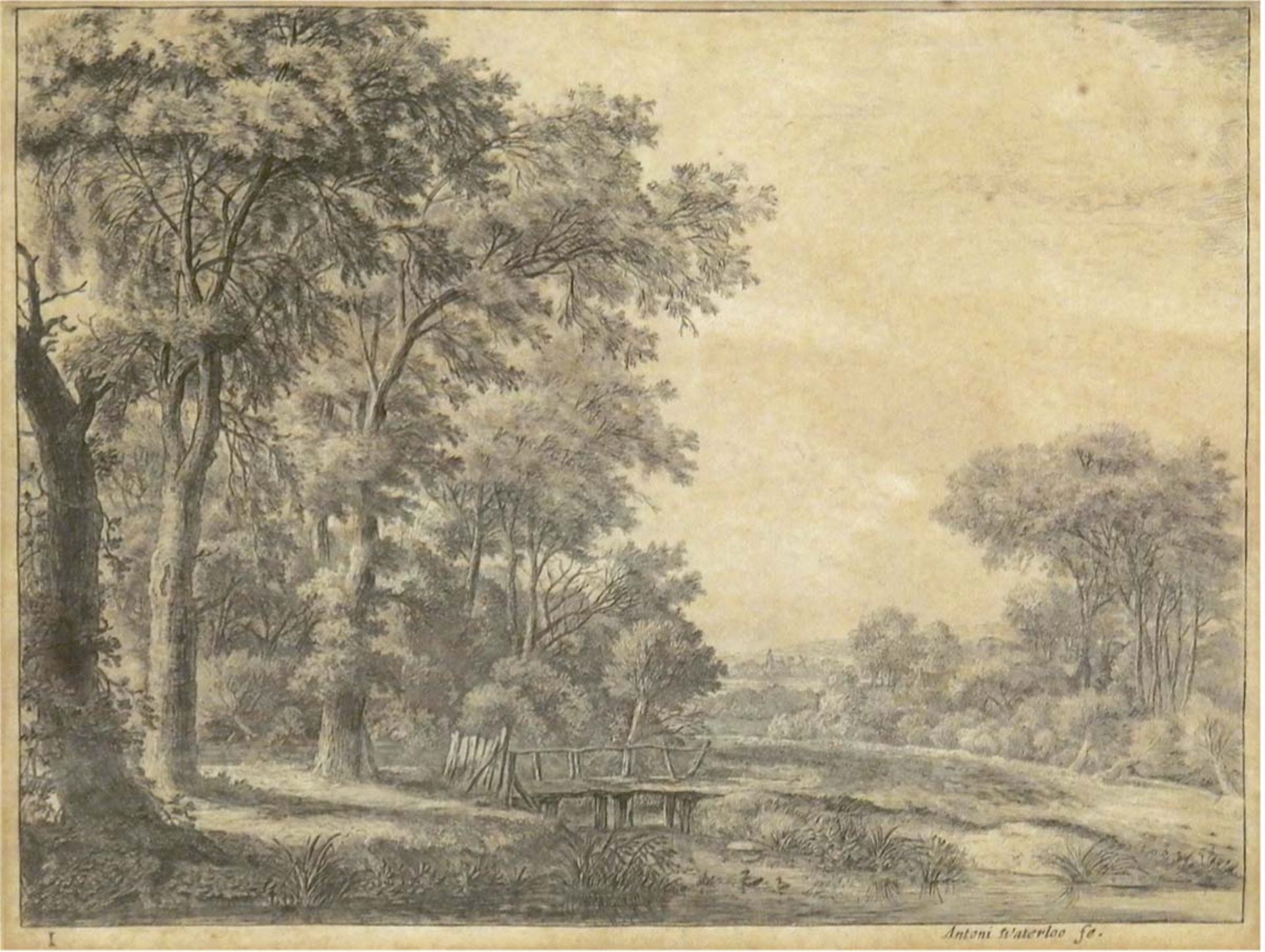 Waterloo, Antoni "Parklandschaft mit Fluß und Dorf im Hintergrund", Radierung, 22x28,5 cm,hinter