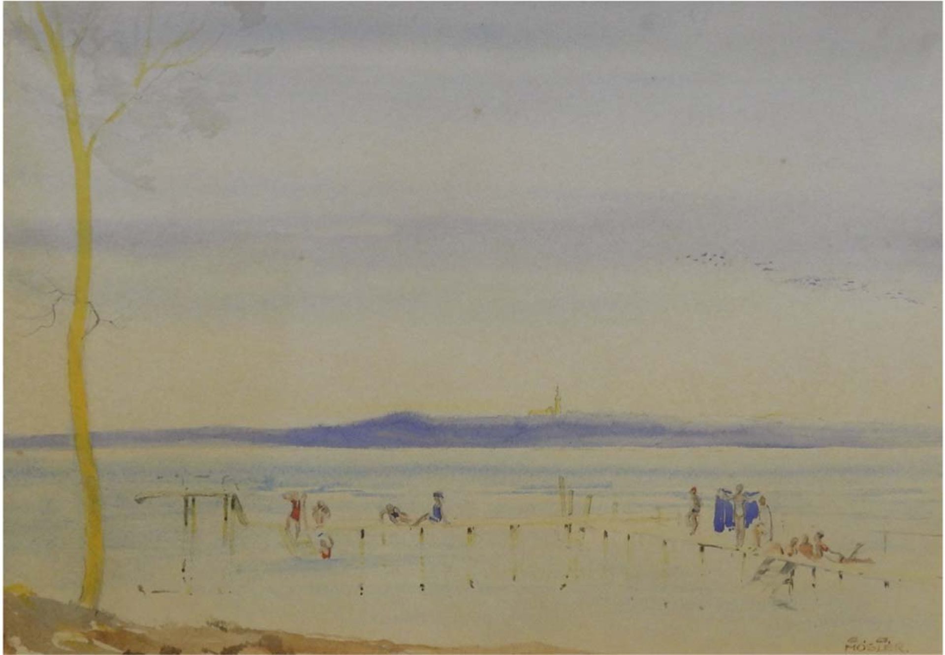 Mosler, E. G. "Am Strand", Aquarell, sign. u.r., 27,5x37,5 cm, im Passepartout hinter Glasund
