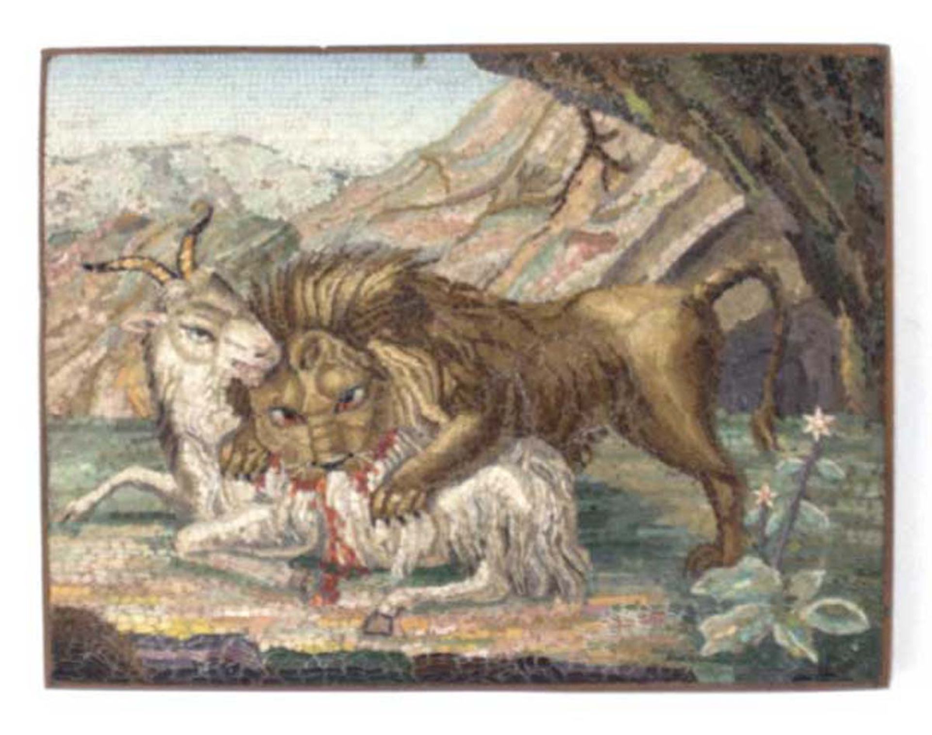 Pietra dura-Bildplatte, Anfang 19. Jh., Miniatur-Steinmosaik auf Kupferplatte "Löwe miterlegter