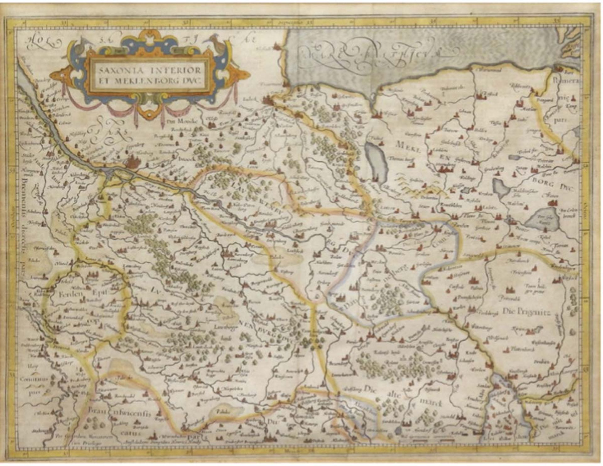 "Karte von Mecklenburg" handkolorierter Kupferstich, mit Titelkartusche, 34x47 cm, hinterGlas im