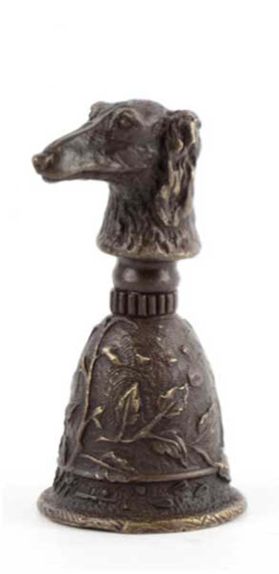 Bronze-Tischglocke mit Hundekopf als Handhabe, signiert "Casaro", Nachguß 20. Jh., braunpatiniert,