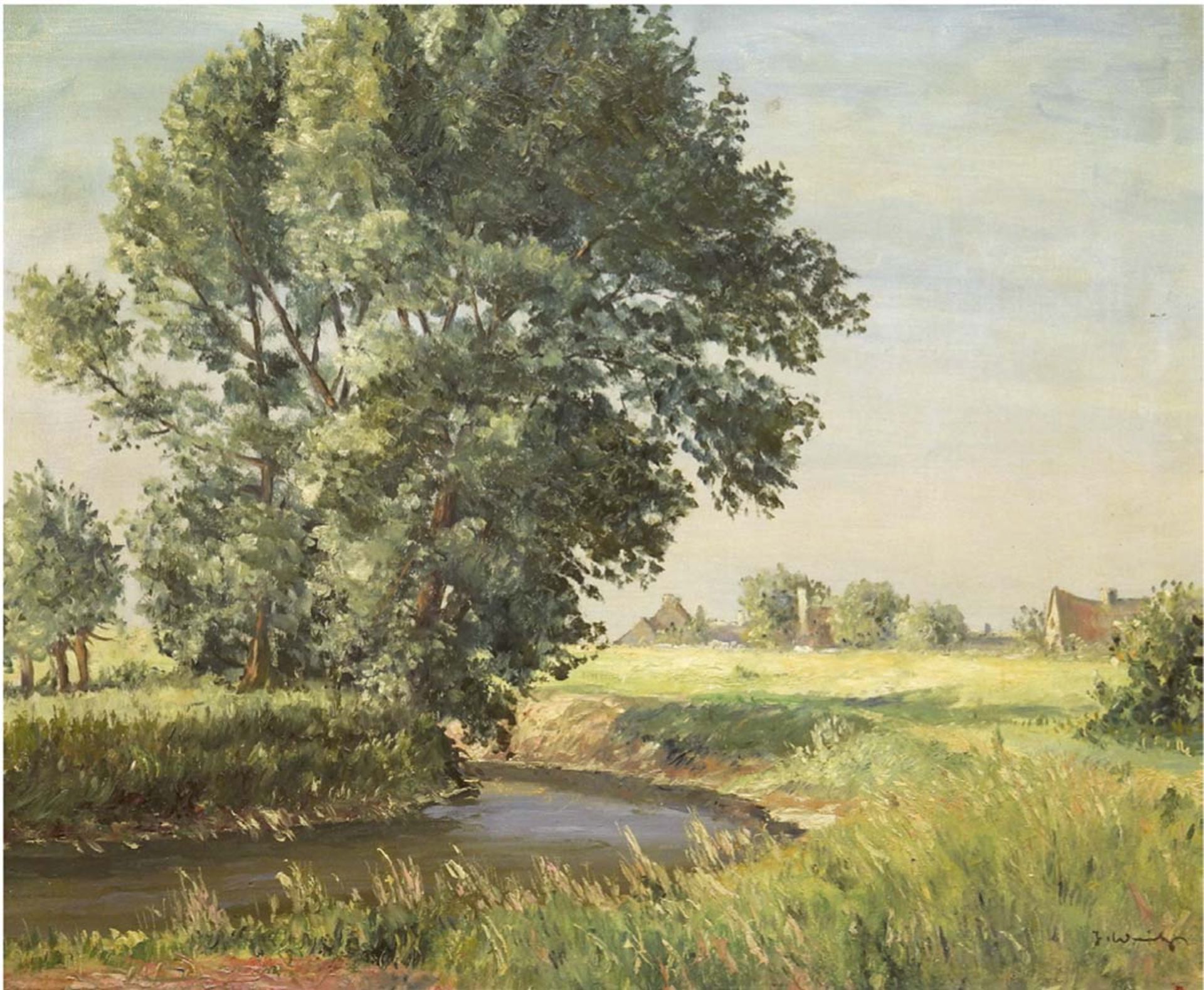 "Bäume am Bach und Dorf im Hintergrund", Öl/Lw., undeutl. sign u.r., 59,5x69,5 cm, Rahmen