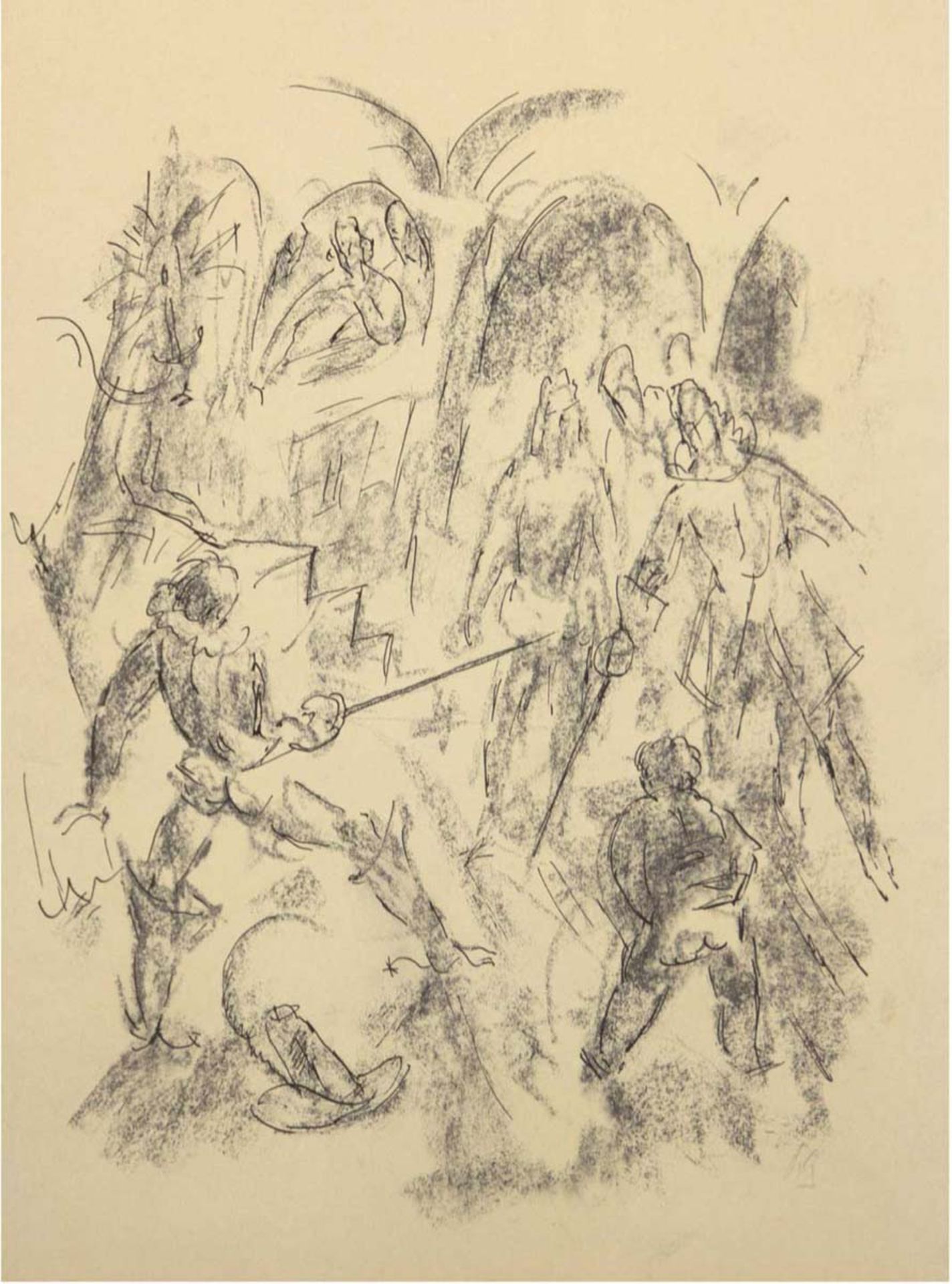 Ziegler, Richard (1891-1992) "Duell im Hof", um 1923, Zeichnung, Feder/Kreide, sign. u.r.,30,5x23