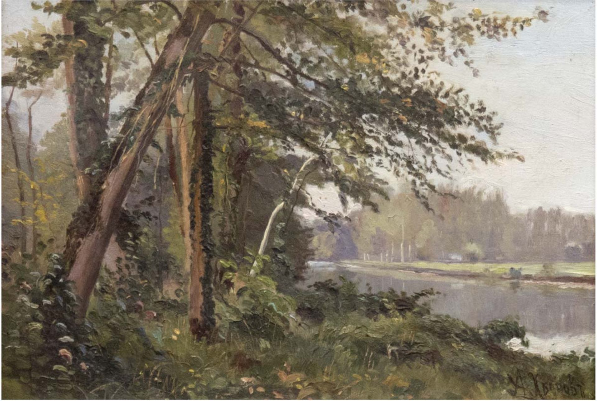 Khrenow, Alexander (1860-1926) "Baumbestandenes Flußufer", Öl/Lw., kyrillisch signiertu.r., aus