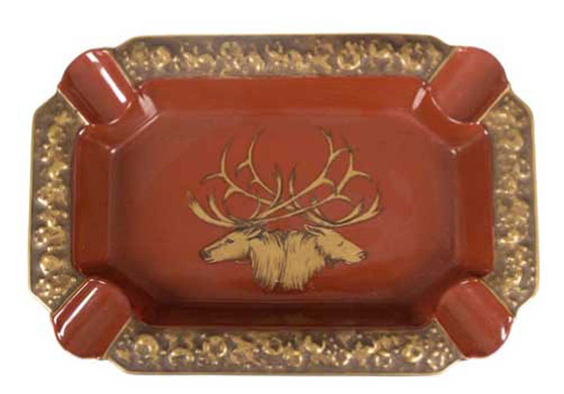 Aschenbecher, Rosenthal, rot-braun, mit goldenem Eichenlaub und Jagdmotiv, 22x15 cm