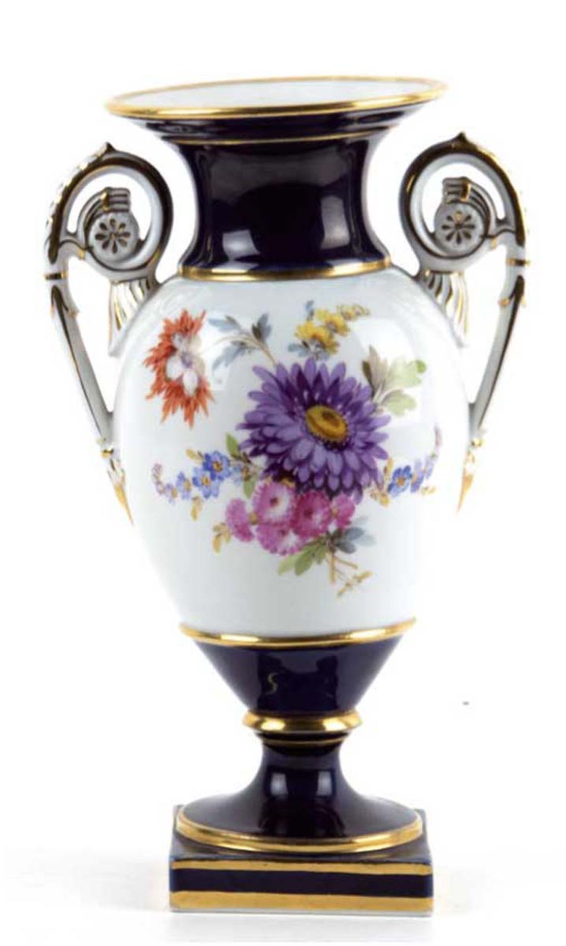 Meissen-Amphorenvase, Ende 19. Jh., beidseitig Buntes Blumenbukett, Goldränder (min.berieben),