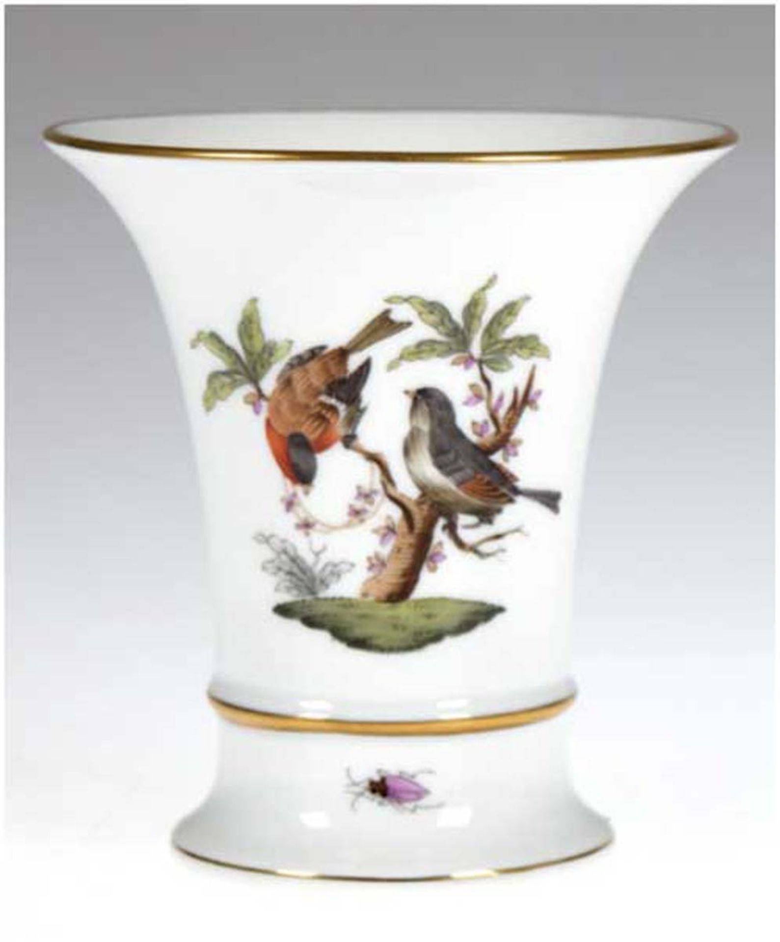 Vase, Herend, Trompetenform, Dekor Rothschild, mit Vogelmalerei und Goldrändern, H. 10 cm