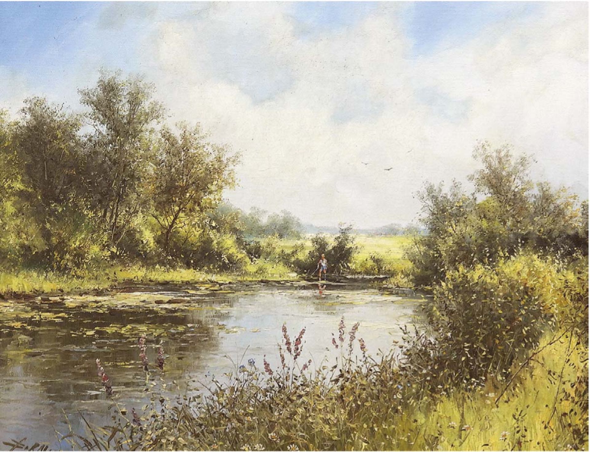 Rahn, Detlef (1943-) "Angler am Seerosenteich", Öl/Lw., sign. u.l., 40x50 cm, Rahmen