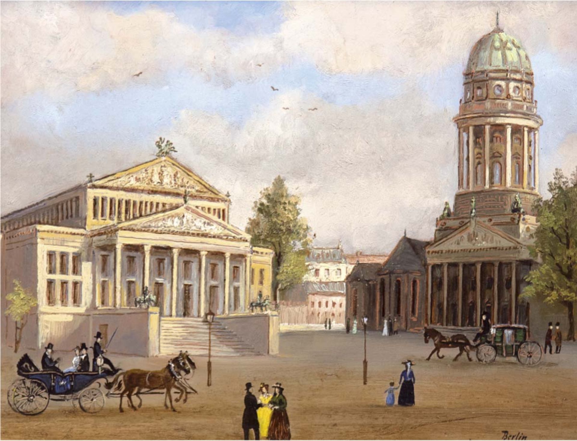 "Berlin-Der Gendarmenmarkt um 1850", Öl/Kupfer, monogr. "HD", 23x28 cm, Rahmen