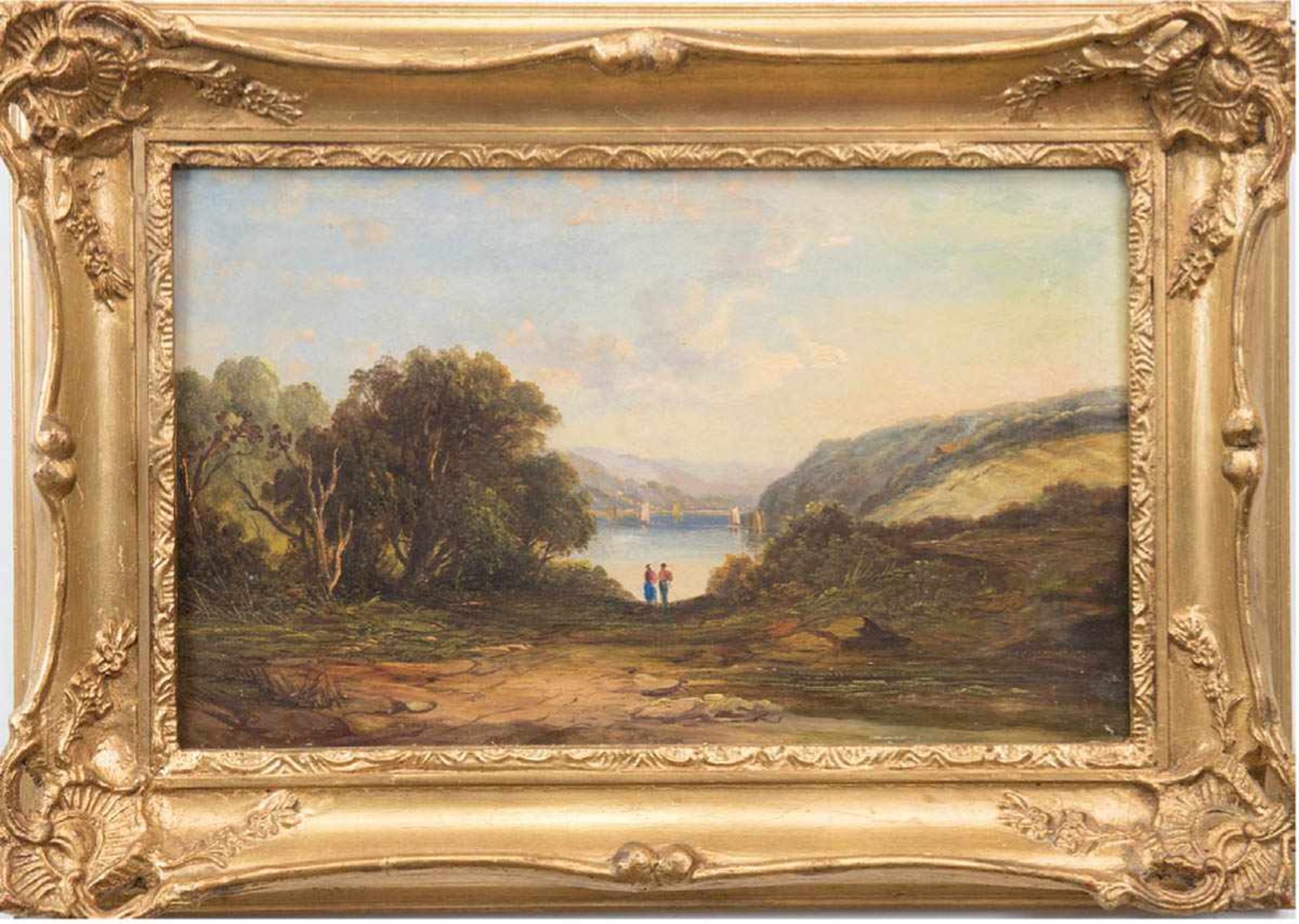 Landschaftsmaler um 1840 "Pärchen am See", Öl/Lw., undeutl. sign. u.r., 31x52 cm, Rahmen