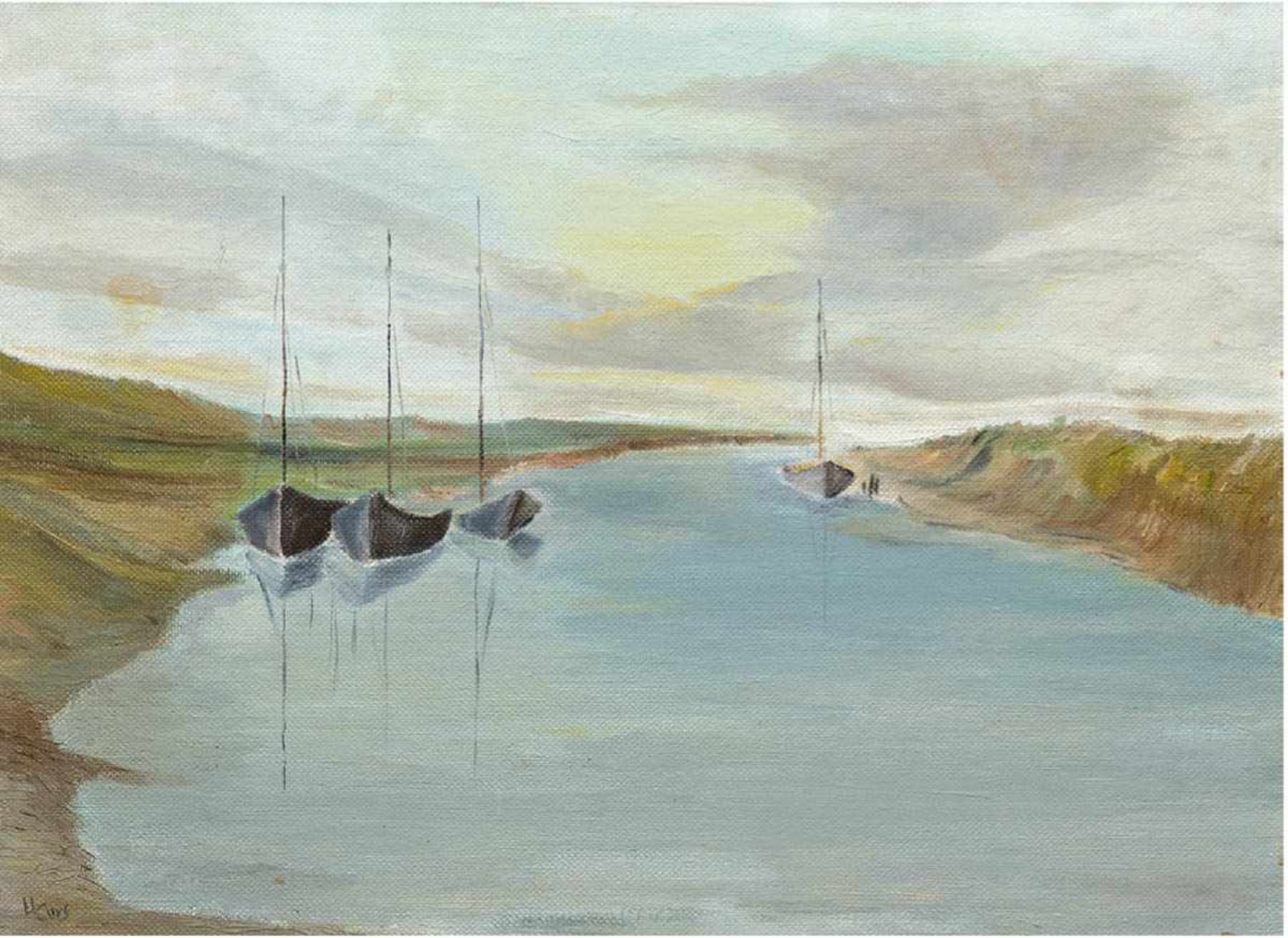 "Prerower Strom mit Booten am Ufer", Öl/Mp., undeutl. sign. u.l., 45x60 cm, Rahmen