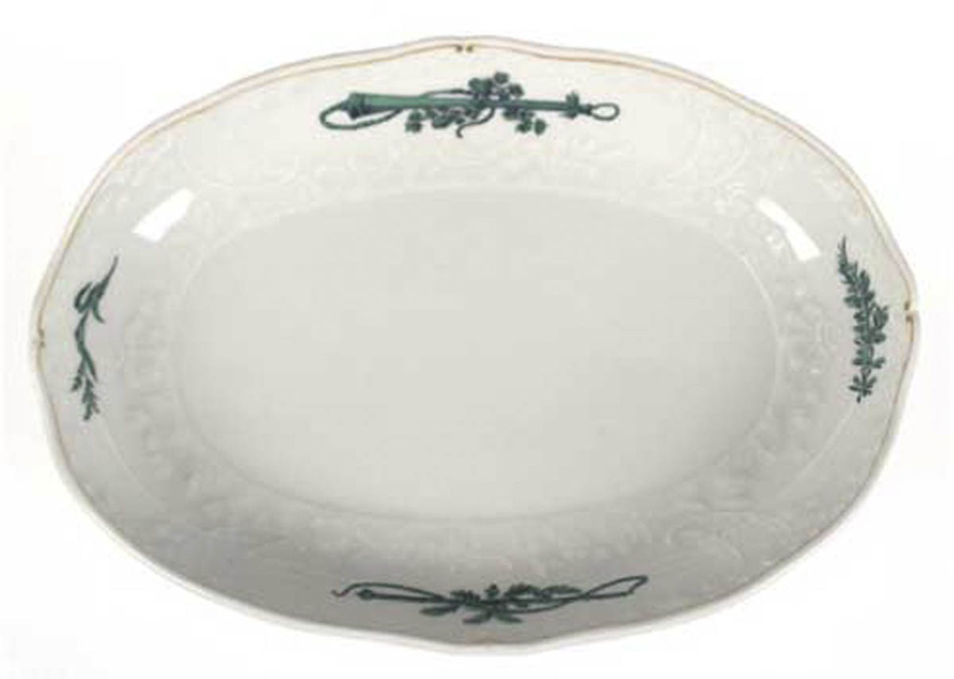 Meissen-Servierschale, Jagdmotiv in Grün, Neumarseille, 1. Wahl, oval, 6x28x20 cm