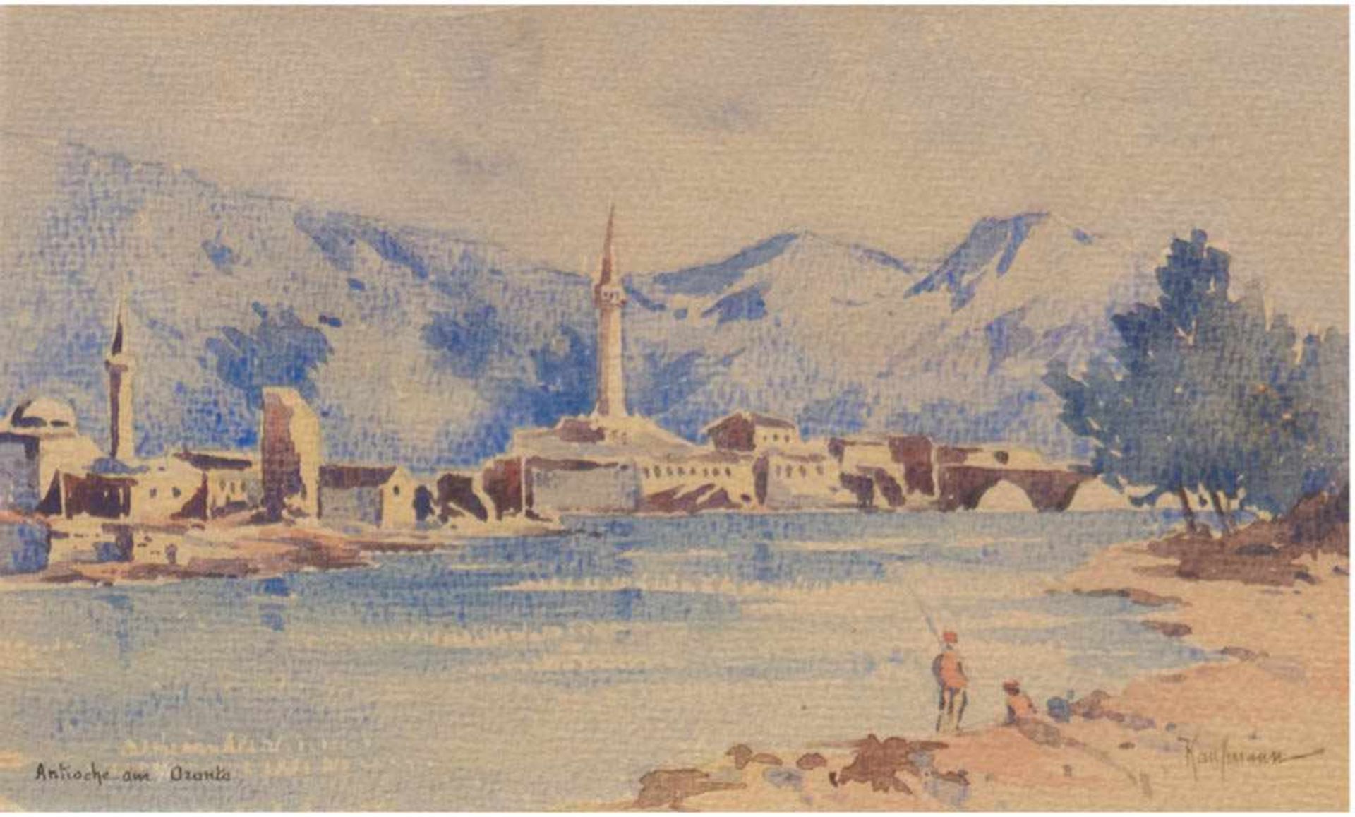 Kaufmann "Angler am See mit Blick auf Dorf und Berge", Aquarell, um 1930, sign. u.r., undu.l.