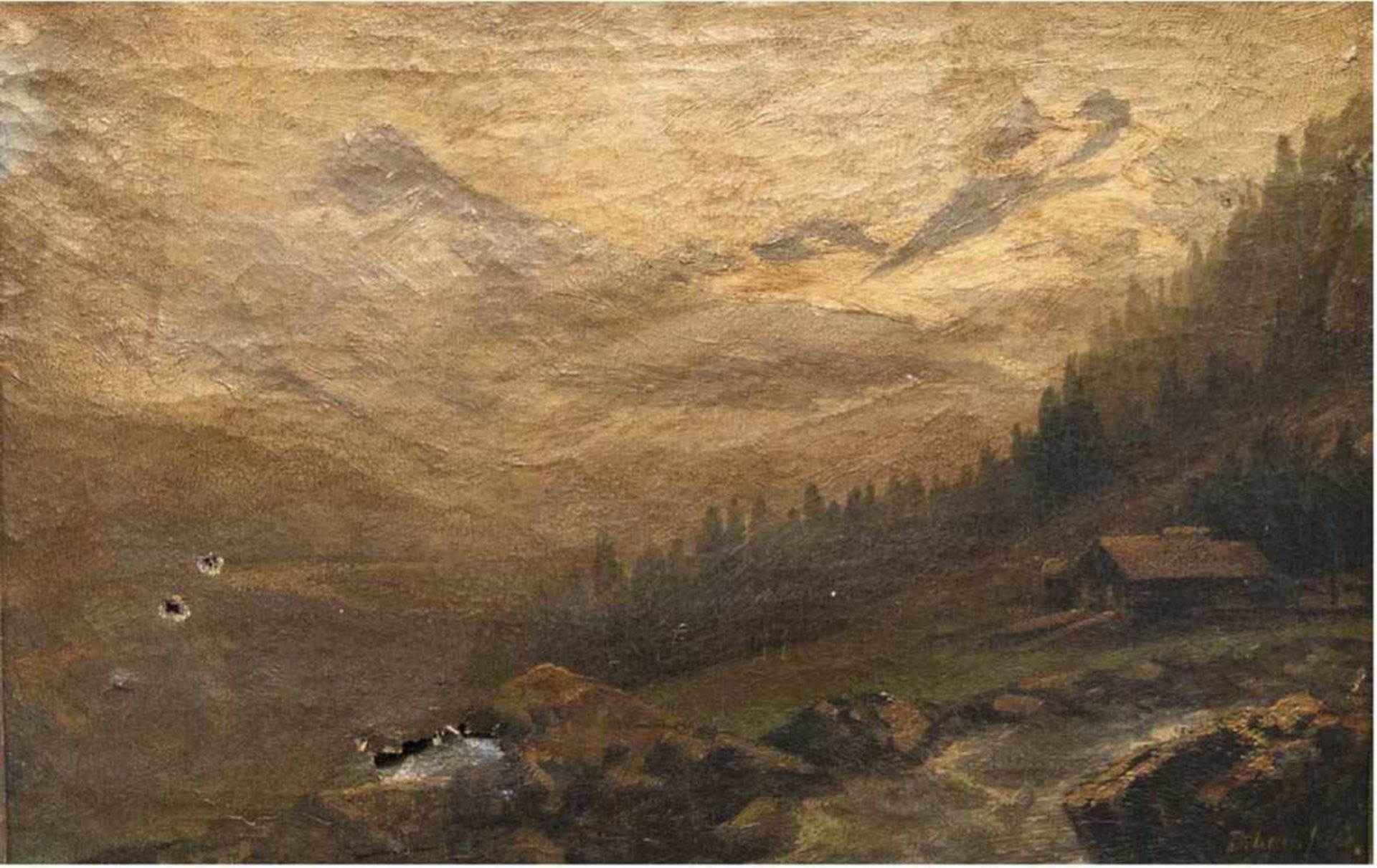 Lamfried, B. (19. Jh.) "Gebirgslandschaft", Öl/Lw., undeutl. sign. u.r., 31x47 cm, Rahmenund