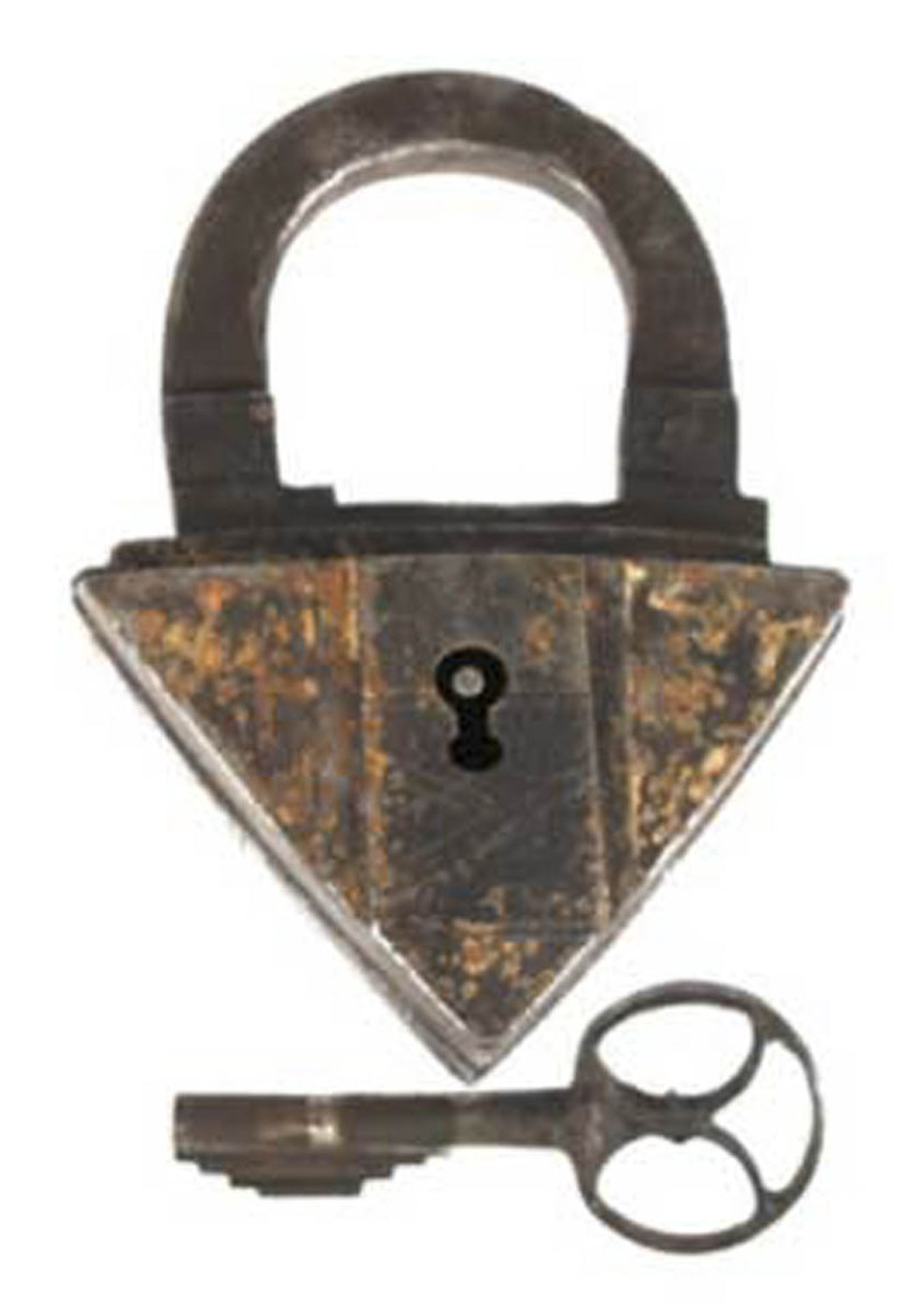 Vorhängeschloss, 18. Jh., Eisen, handgeschmiedet, Dreieckform, mit Schlüssel, L. 12,5 cm