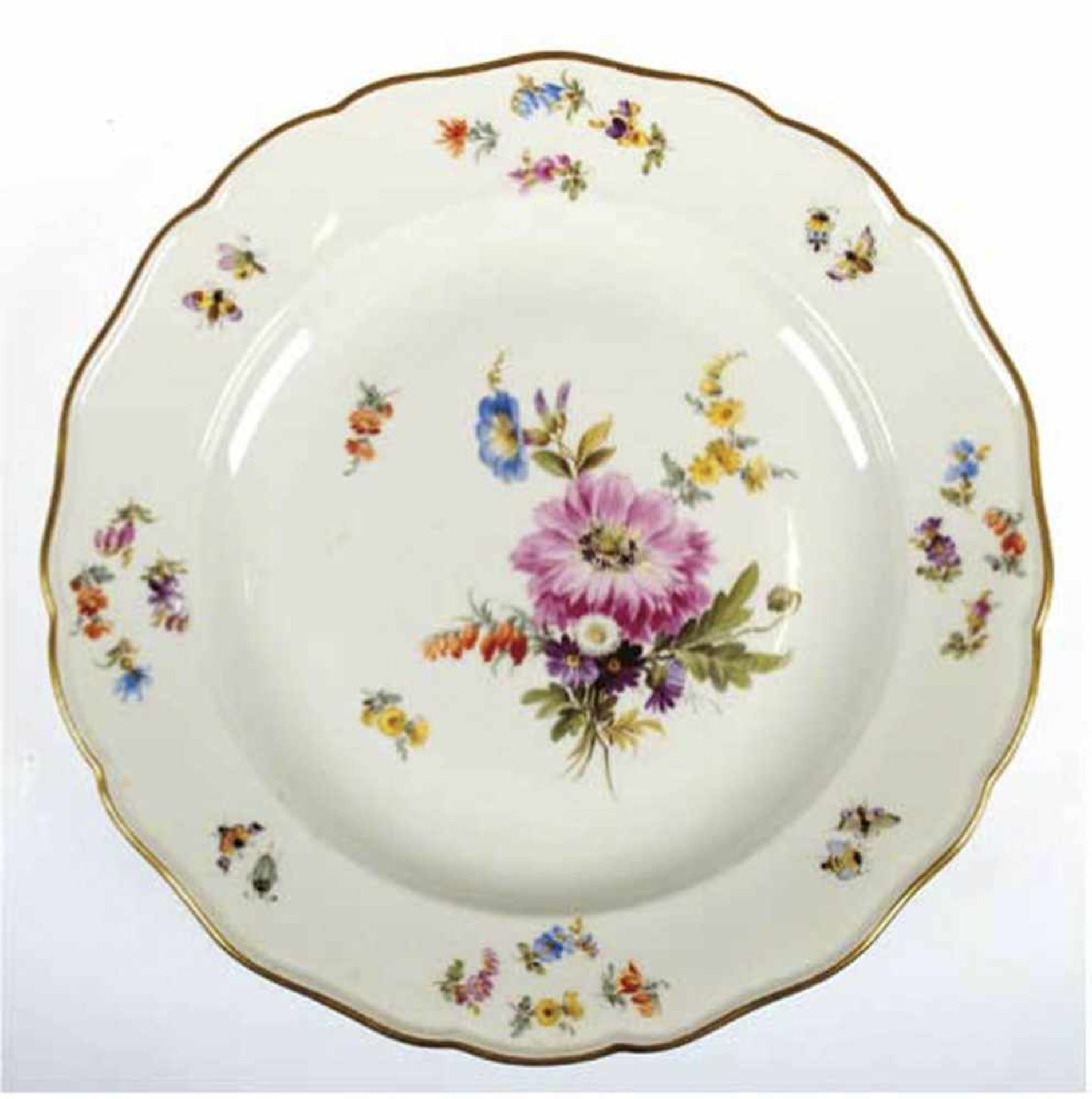 Meissen-Teller, Knaufzeit, Bunte Blumenmalerei, Goldrand, Neuer Ausschnitt, 1. Wahl, Dm.24,5 cm