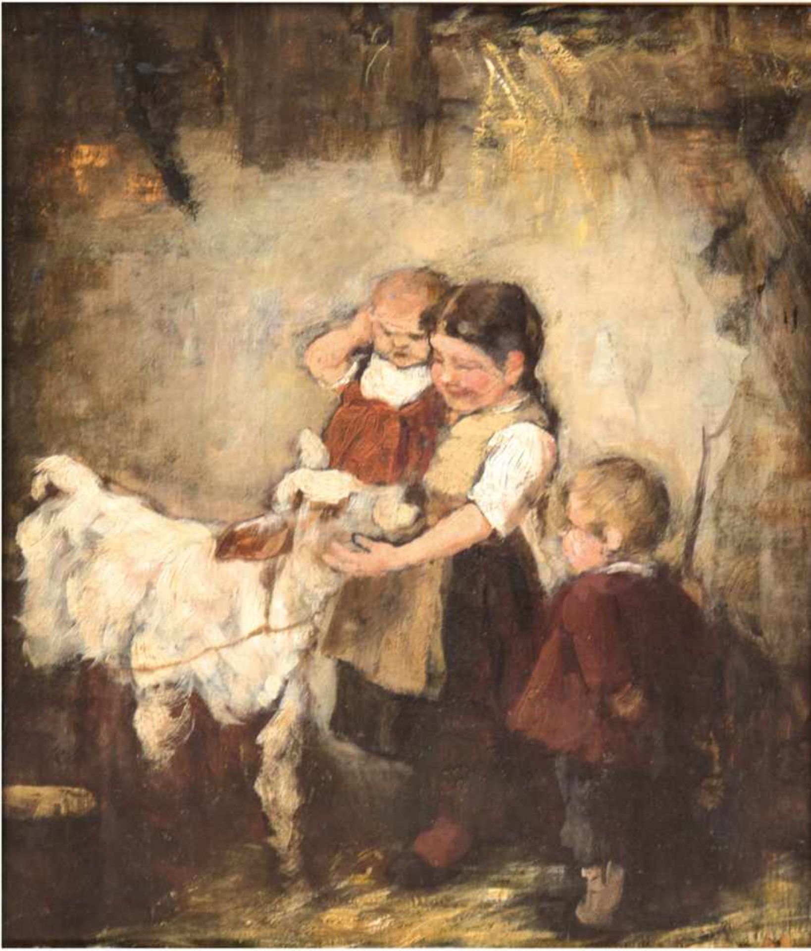 Moroder-Lusenberg, Josef Theodor 1846- 1939) Zuschreibung "Kinder mit Kälbchen", Öl/Holz,unsigniert,