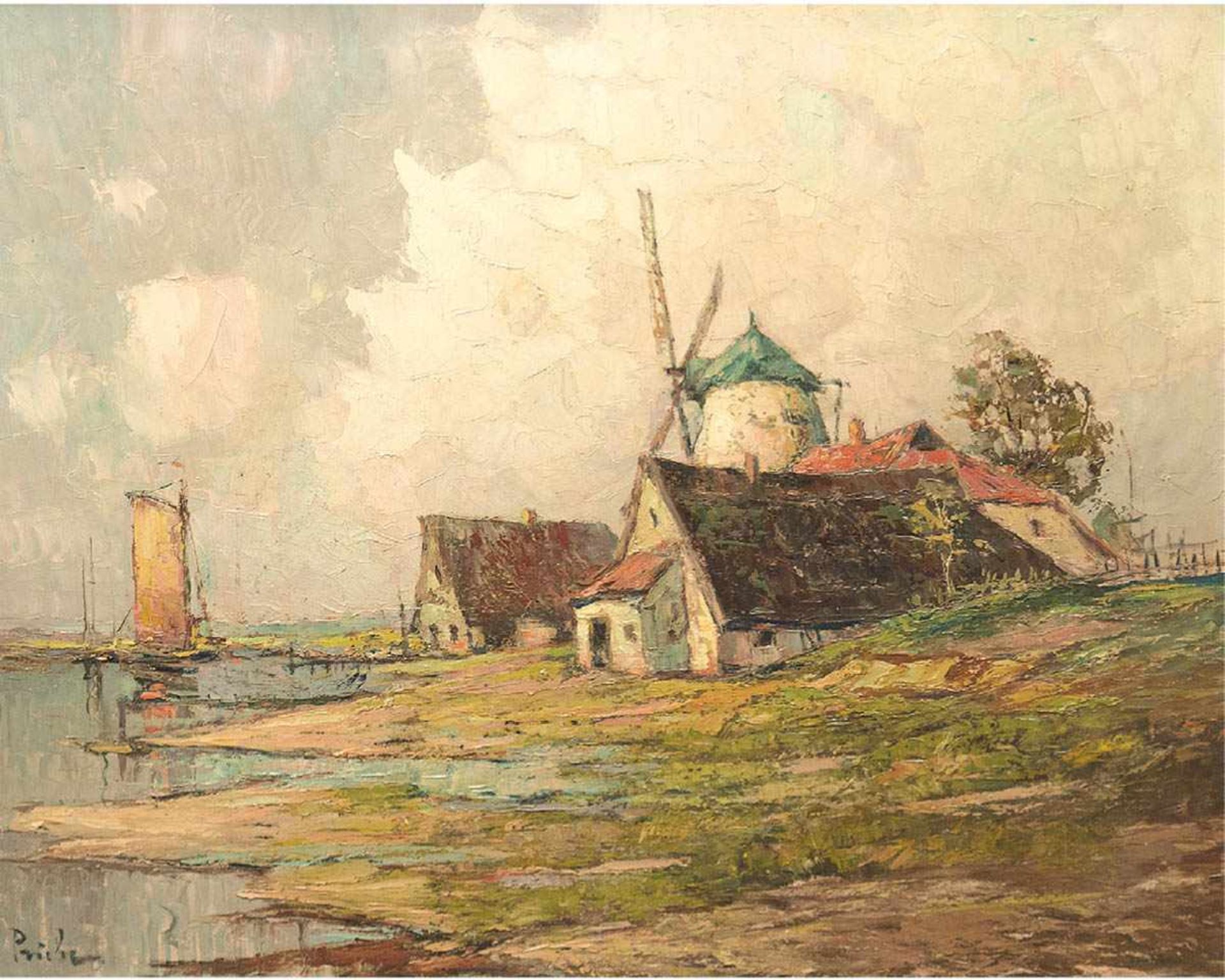 Priebe, Rudolf (1889 Schulakowa-1964 Hamburg) "Nordeutsche Landschaft mit Mühle amWasser", Öl/SH,