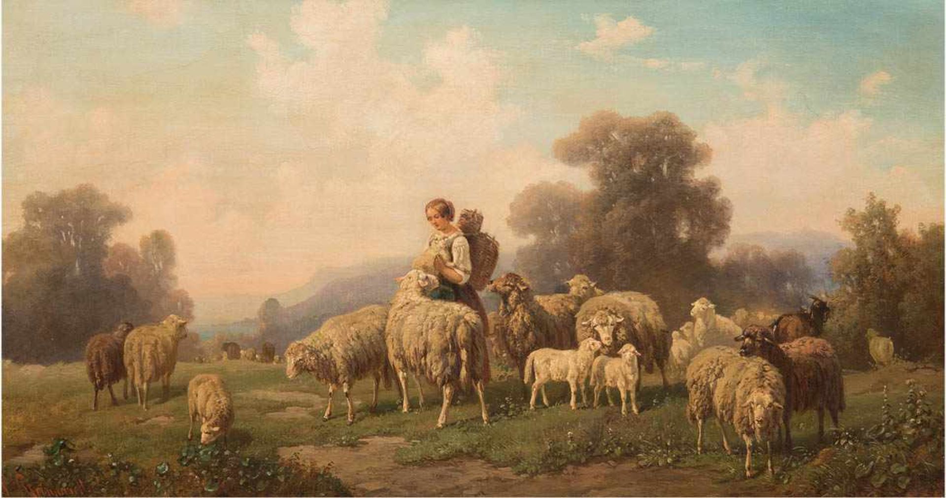 Reinhardt, Louis (Ludwig) (1849-1870) "Schäferin mit Schafherde", Öl/Lw., sign. u.l.,44x79 cm,