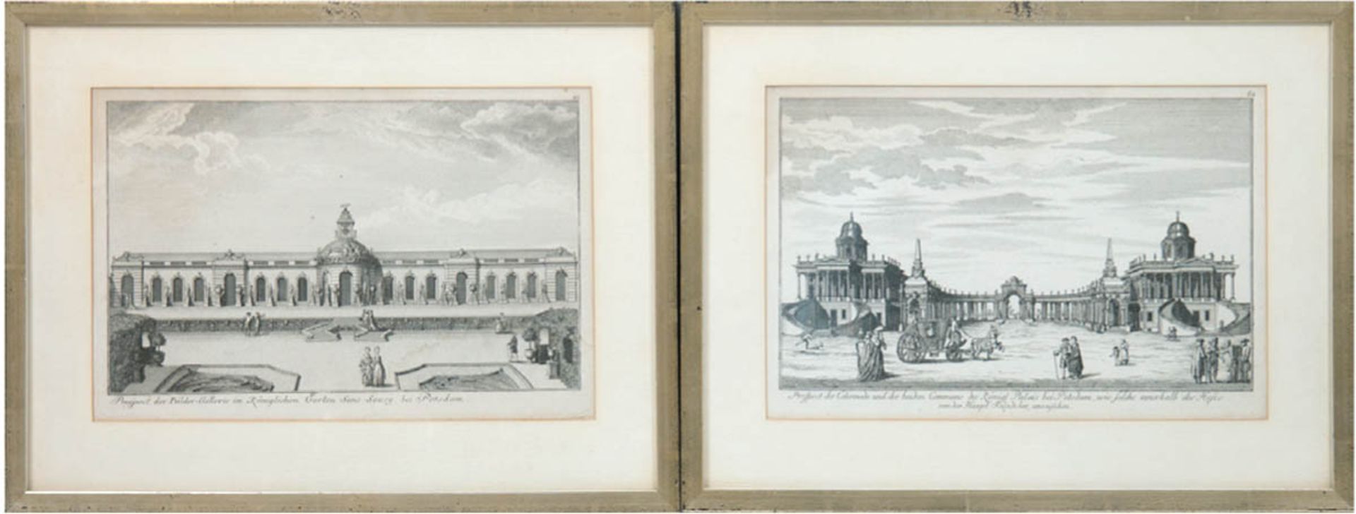 2 Kupferstiche "Sanssouci" und "Königliches Palais bei Potsdam", 18,5x31,5 cm, hinter Glasim Rahmen