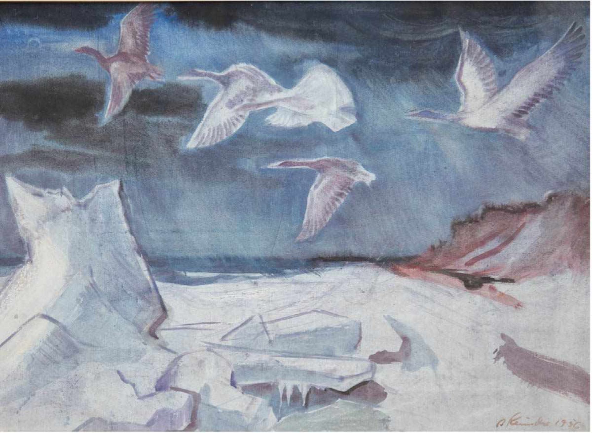 Klünder, Arnold (1909 Groß Stepenitz, Pommern-1976 Rostock) "Flug der Gänse", Aquarell,sign. und