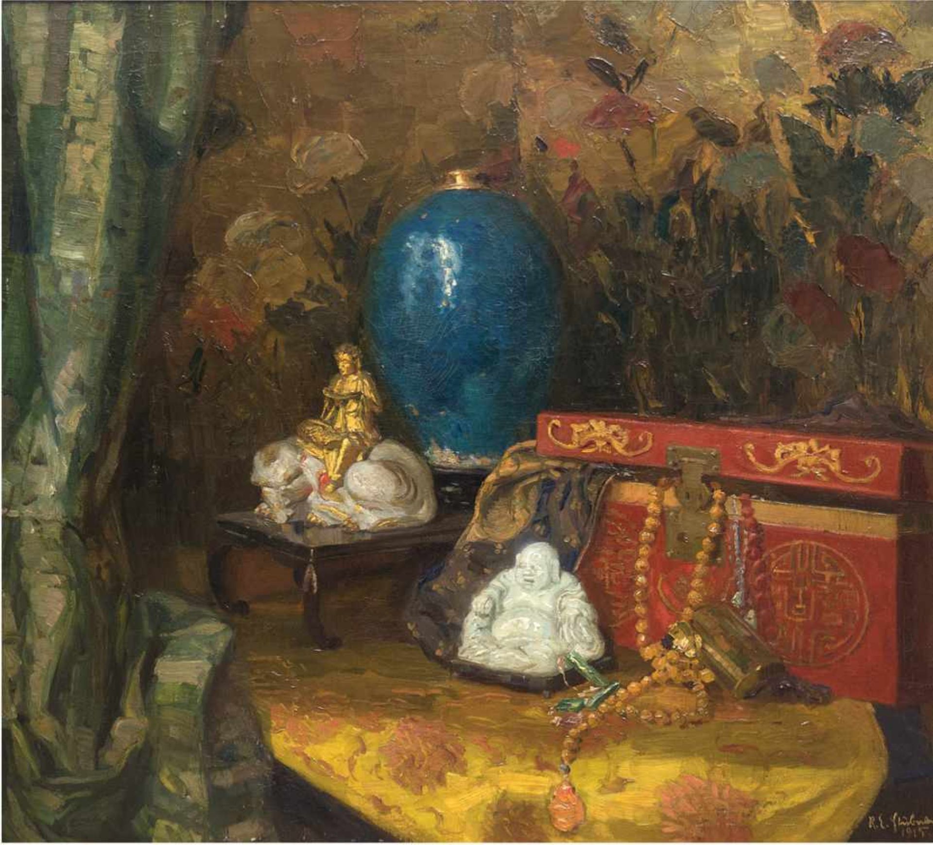 Stübner, Robert Emil (1874 Forst i.d.L.-1931 Berlin) "Stilleben mit Vase, Buddha undasiatischen