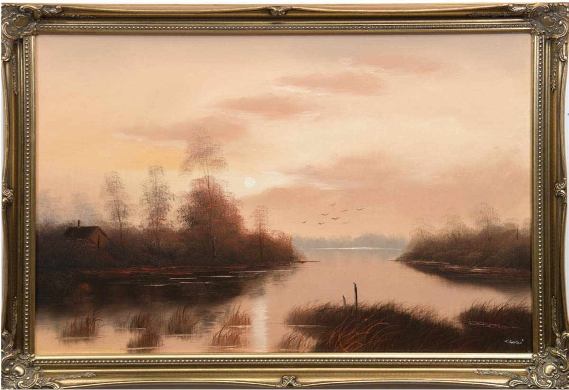 Landschaftsmaler des 20. Jh. "Seenlandschaft im Abendlicht", Öl/Lw., undeutl. sign. u.r.,51x76 cm,