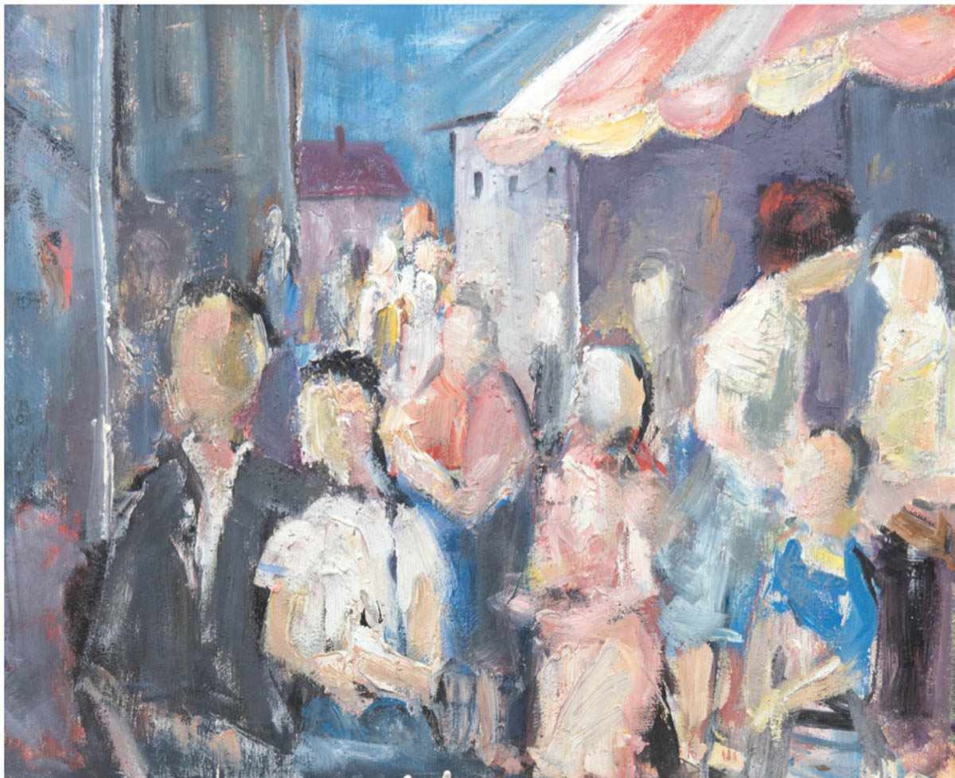Maler des 20. Jh. "Gasse mit zahlreichen Personen", Öl/Mp., unsigniert, rücks. "Rosen inVase", 49x59