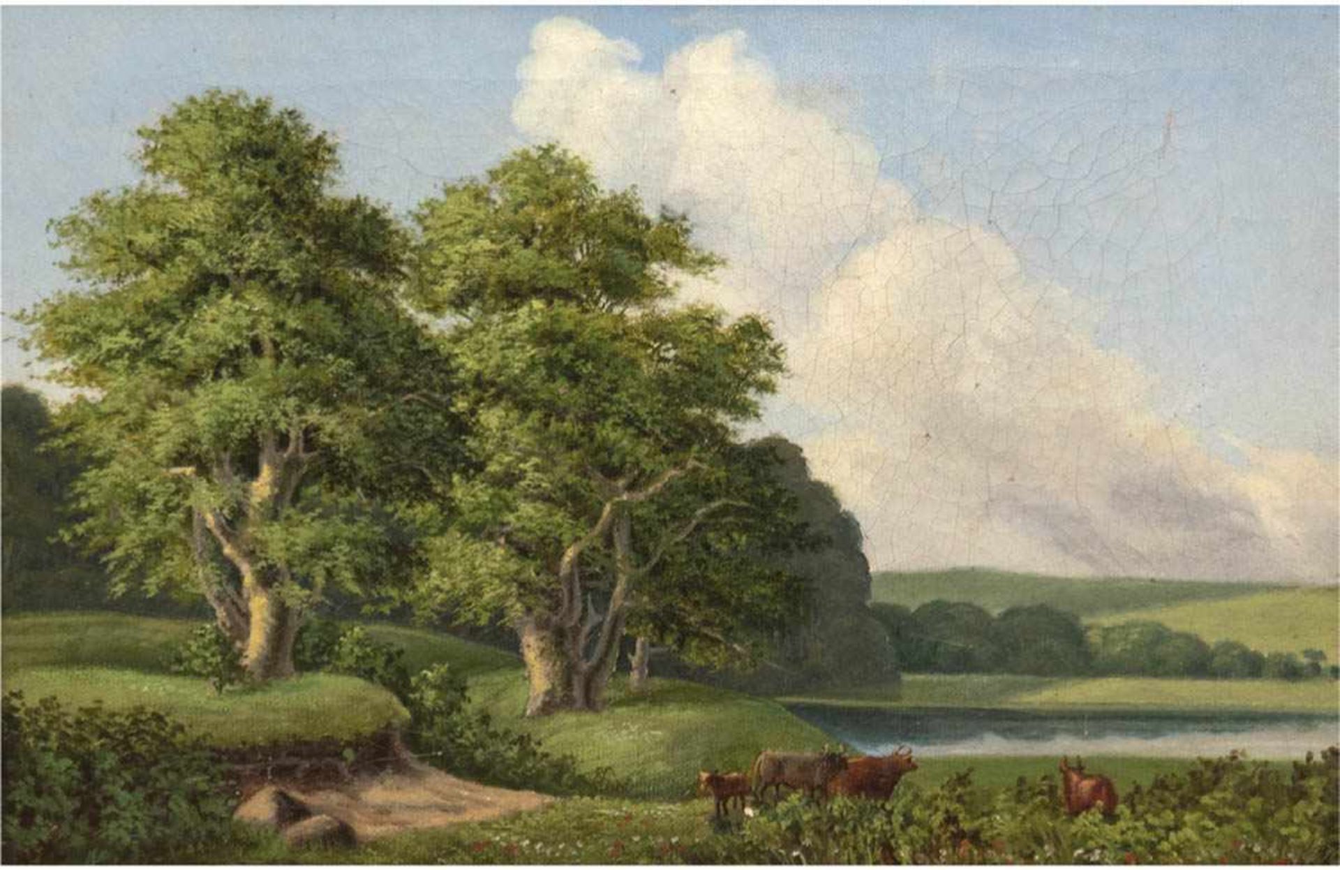 Maler Ende 19. Jh. "Kühe auf Weide am See", Öl/Lw., unsigniert, Craquele, 27x39 cm,Rahmen