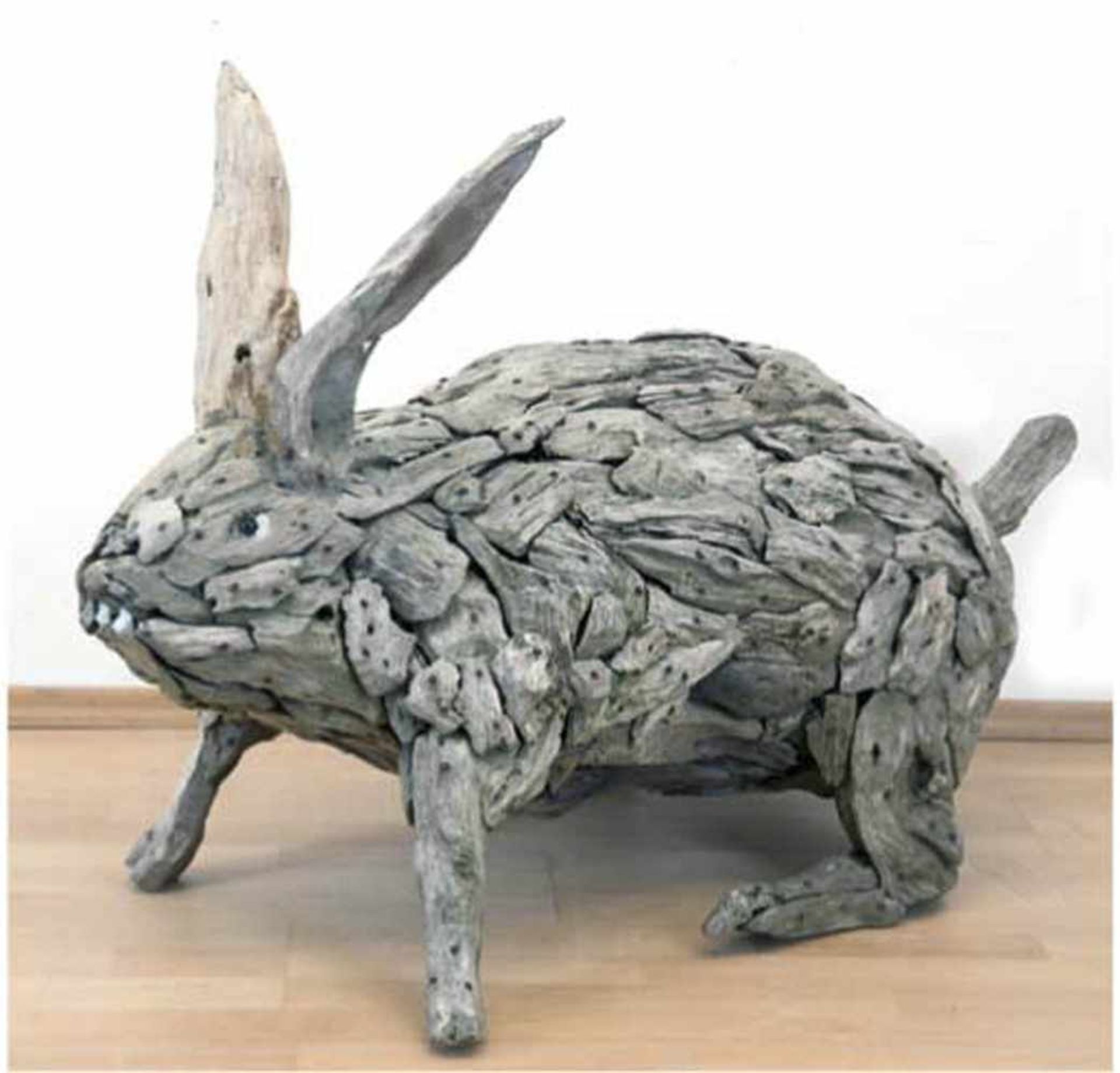 Skulptur "Hase", aus zahlreichen Treibholzstücken zusammengesetzt, Glasaugen, Unikat, ca.25 Jahre