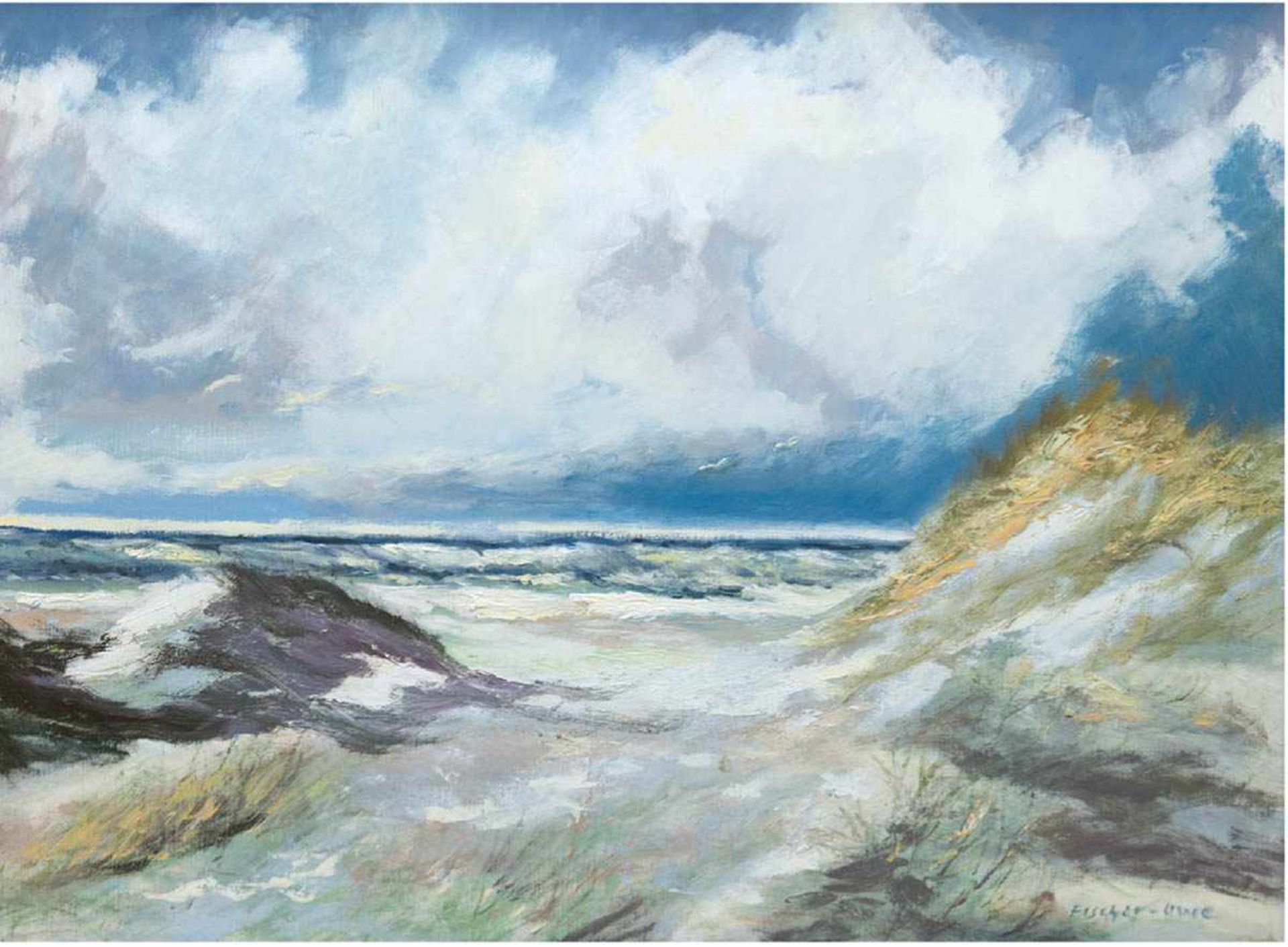 Fischer-Uwe, Bruno (1915 Lothringen-1992 Worpswede) "Küstenlandschaft mit Dünen", Öl/Lw.sign. u.r,