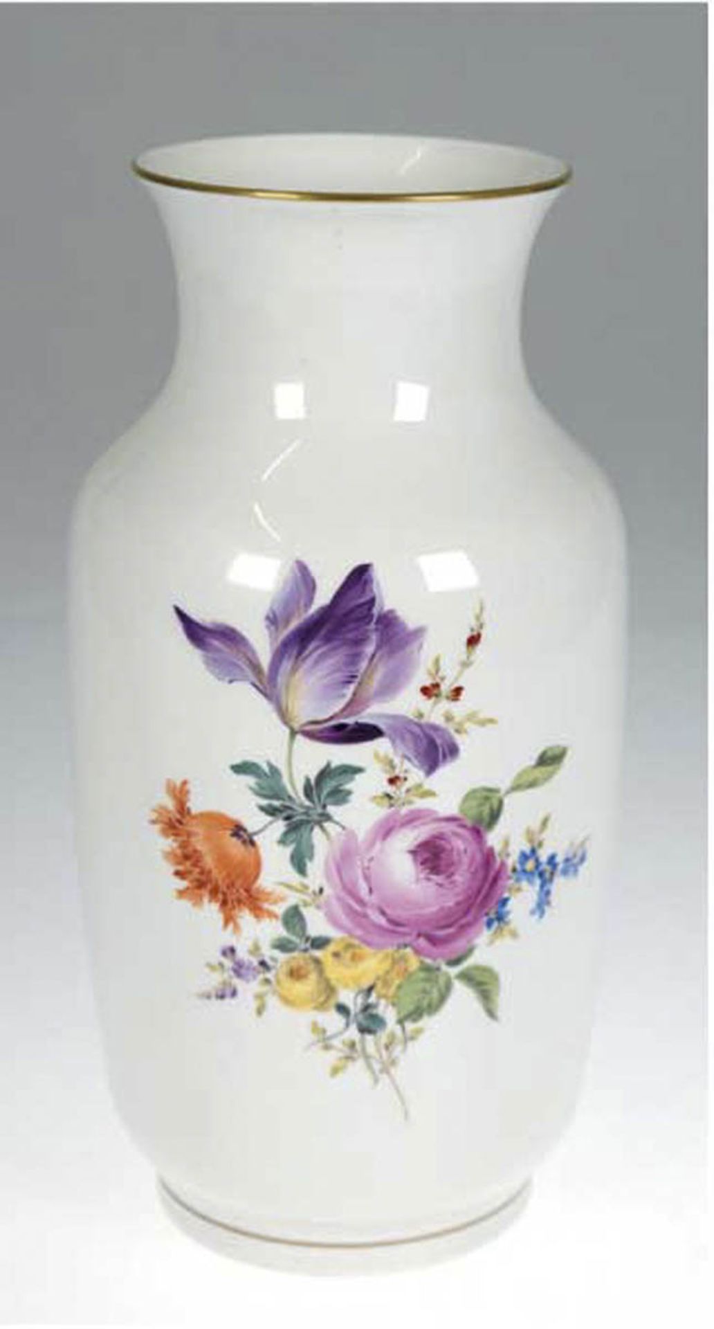 Meissen-Vase, Buntes Blumenbukett, Goldrand, 1. Wahl, H. 30 cm