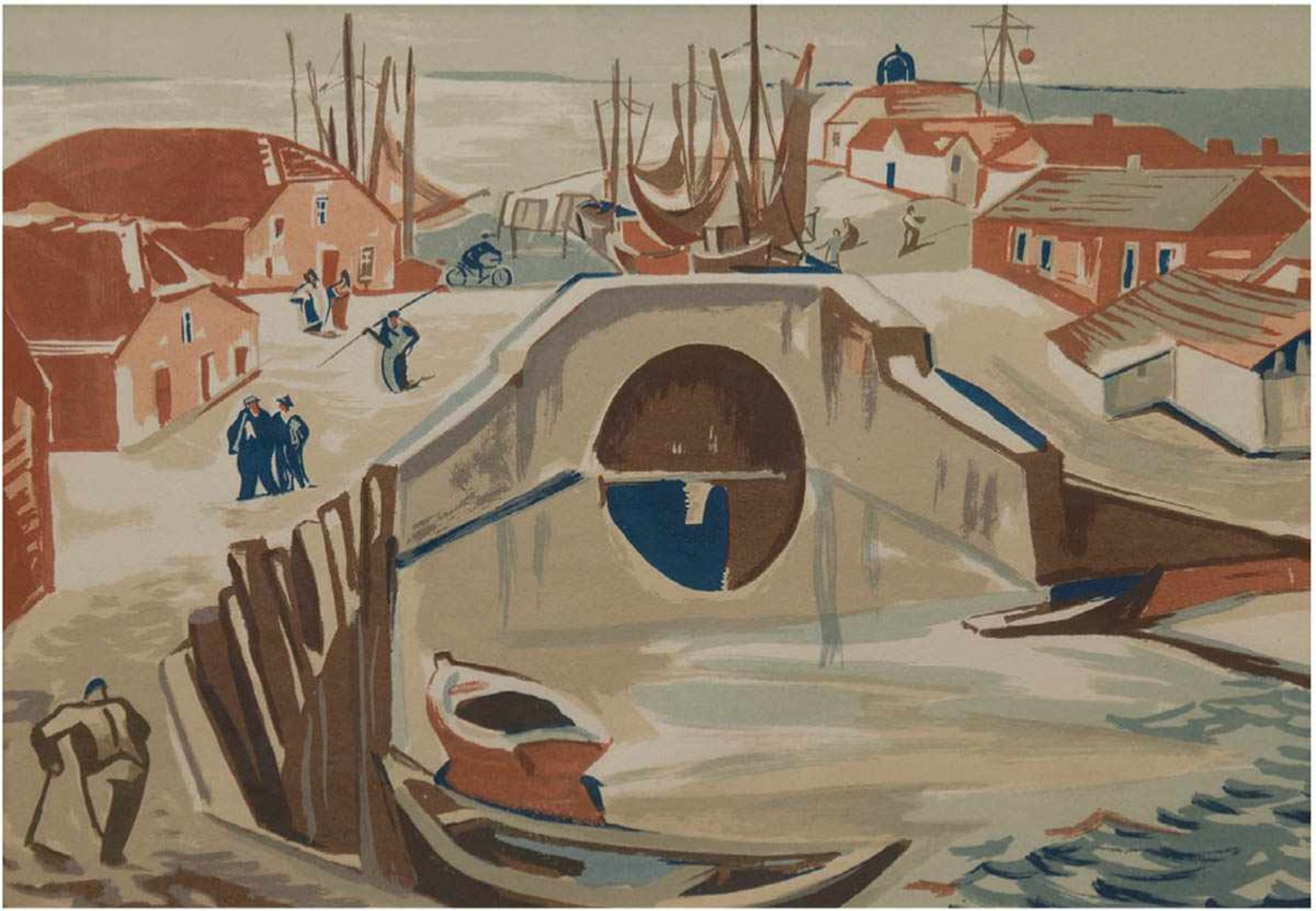 Hengstenberg, Rudolf (1894- 1974) "Im Fischereihafen", Aquarell, unsigniert, 42x58 cm,hinter Glas im