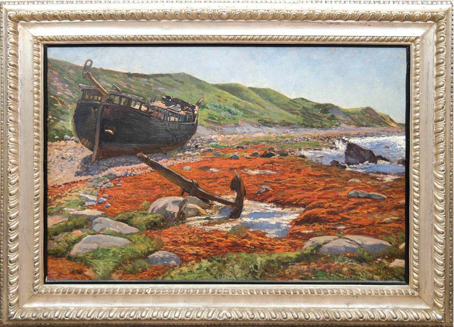 Klatt, Hans (1876-1936) "Boot und Anker am Ufer liegend" , Öl/Lw., signiert u.r., rücks.alter