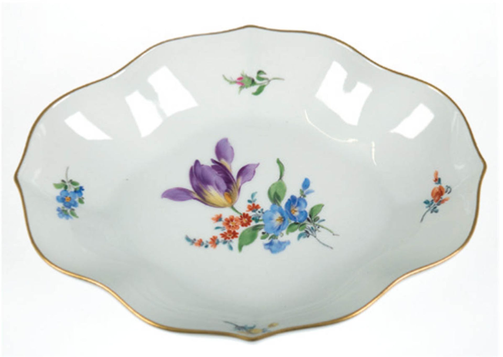 Meissen-Schale, Bunte Blume 3, Goldrand, 2 Schleifstriche, Vierpaßform, L. 19 cm