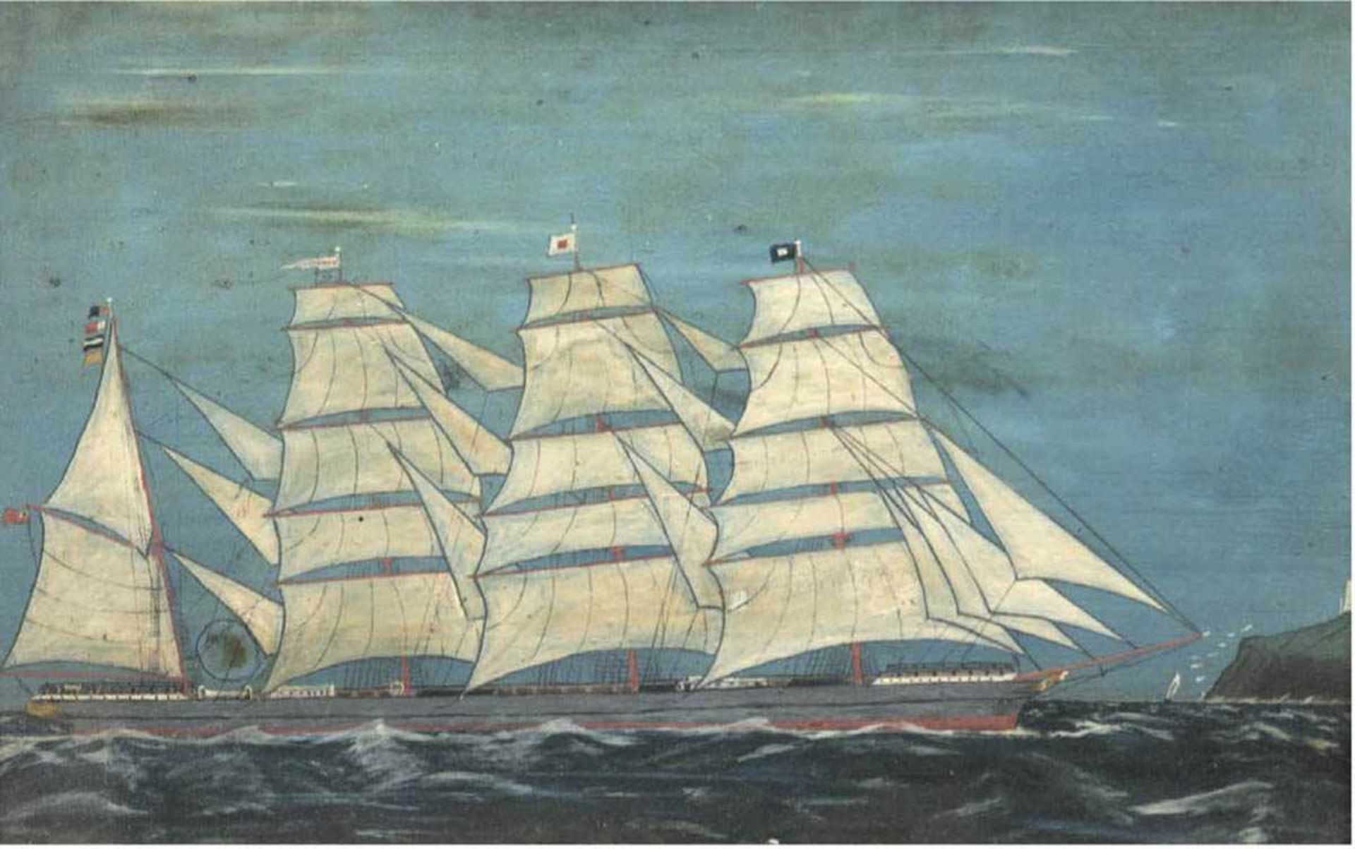 Marinemaler des 19./20. Jh. "Viermastsegler vor Küste", Öl/Holz, unsigniert, 22x35 cm,hinter Glas im