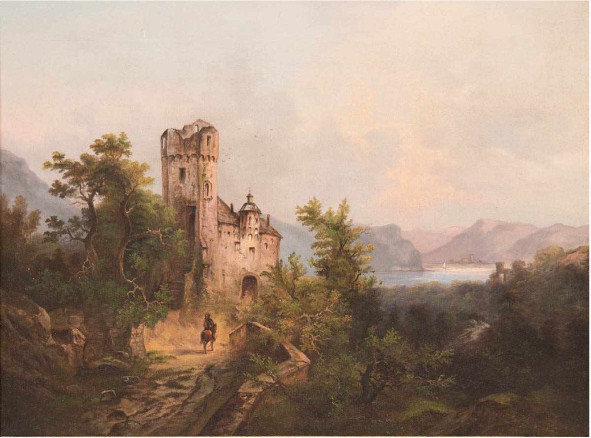 Landschaftsmaler 19. Jh. "Reiter vor Burg mit Blick auf den See", Öl/Lw., unsign., 47x62cm, Rahmen