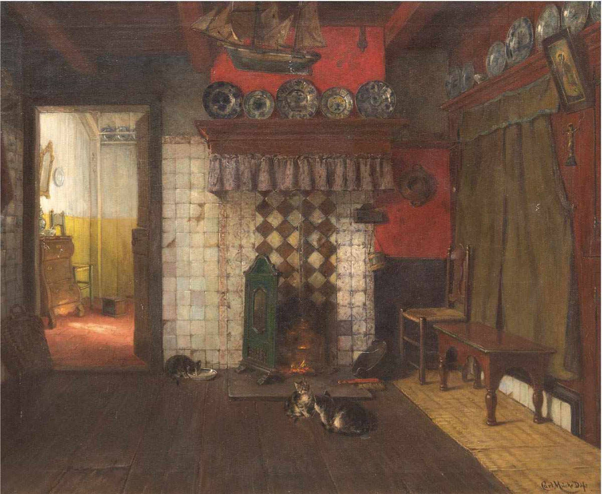 Mücke, Carl Emil(1847 Düsseldorf-1923 ebenda) "Friesenstube mit drei Katzen vor demKamin", Öl/Lw.,