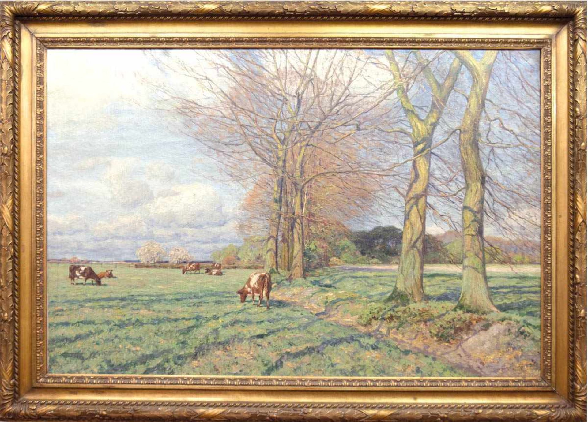 Fritzel, Wilhelm (1870 Hamburg-1943 Orense/Stade) "Weite Landschaft mit Kühen auf derWeide", Öl/Lw.,