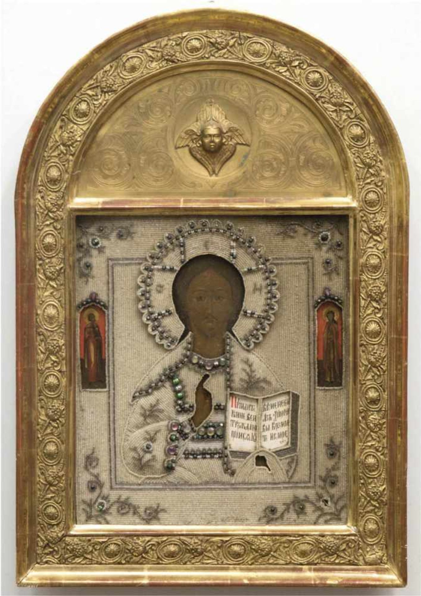 Ikone, um 1870, "Christus Pantokrator mit auserwählten Heiligen" Ei/Öl/Tempera auf Holz,Perlenbesatz