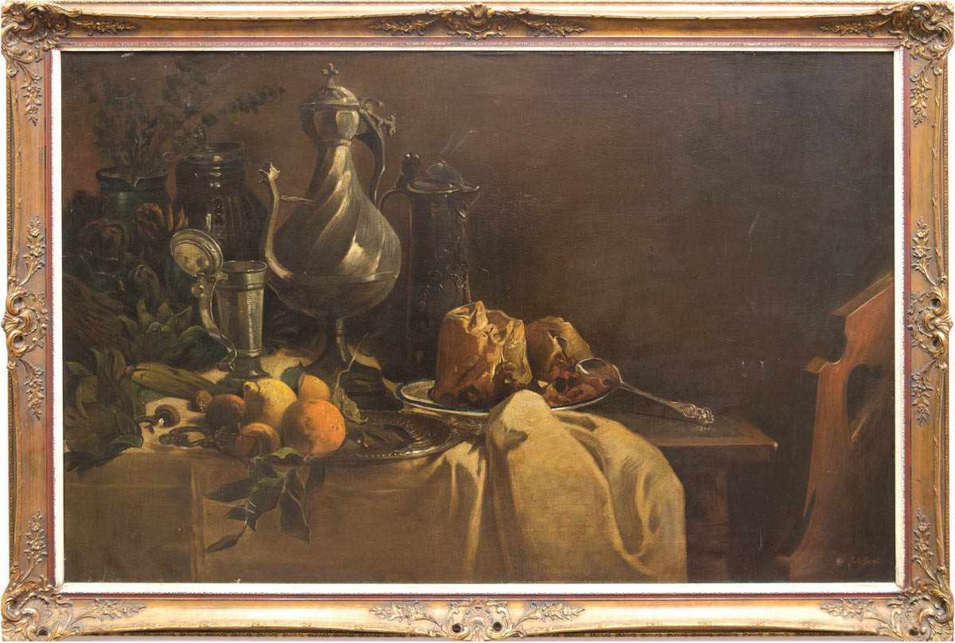 Jacob, Jul. (19. Jh.) "Tischstilleben mit Obst, Pudding und Zinngeschirr", Öl/Lw.,signiert u.r., 1